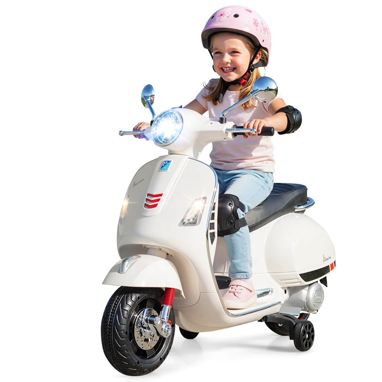 Licensed VESPA 12V Kids Electric Motorcycle w/Music Horn Story Training Wheels