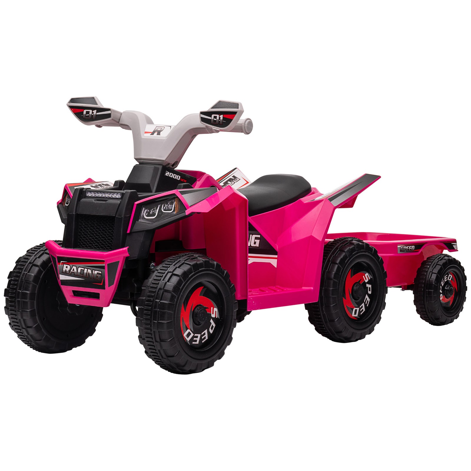 6V Kids ATV Quad Car with Back Trailer, Forward Backward Pink