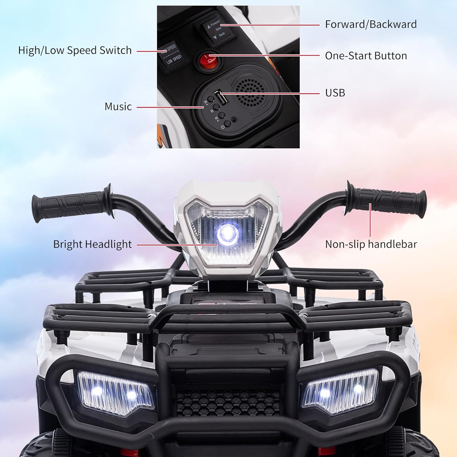 12V Kids Ride-On ATV Electric Vehicle for Toddlers 2 Speed LED Lights Music USB