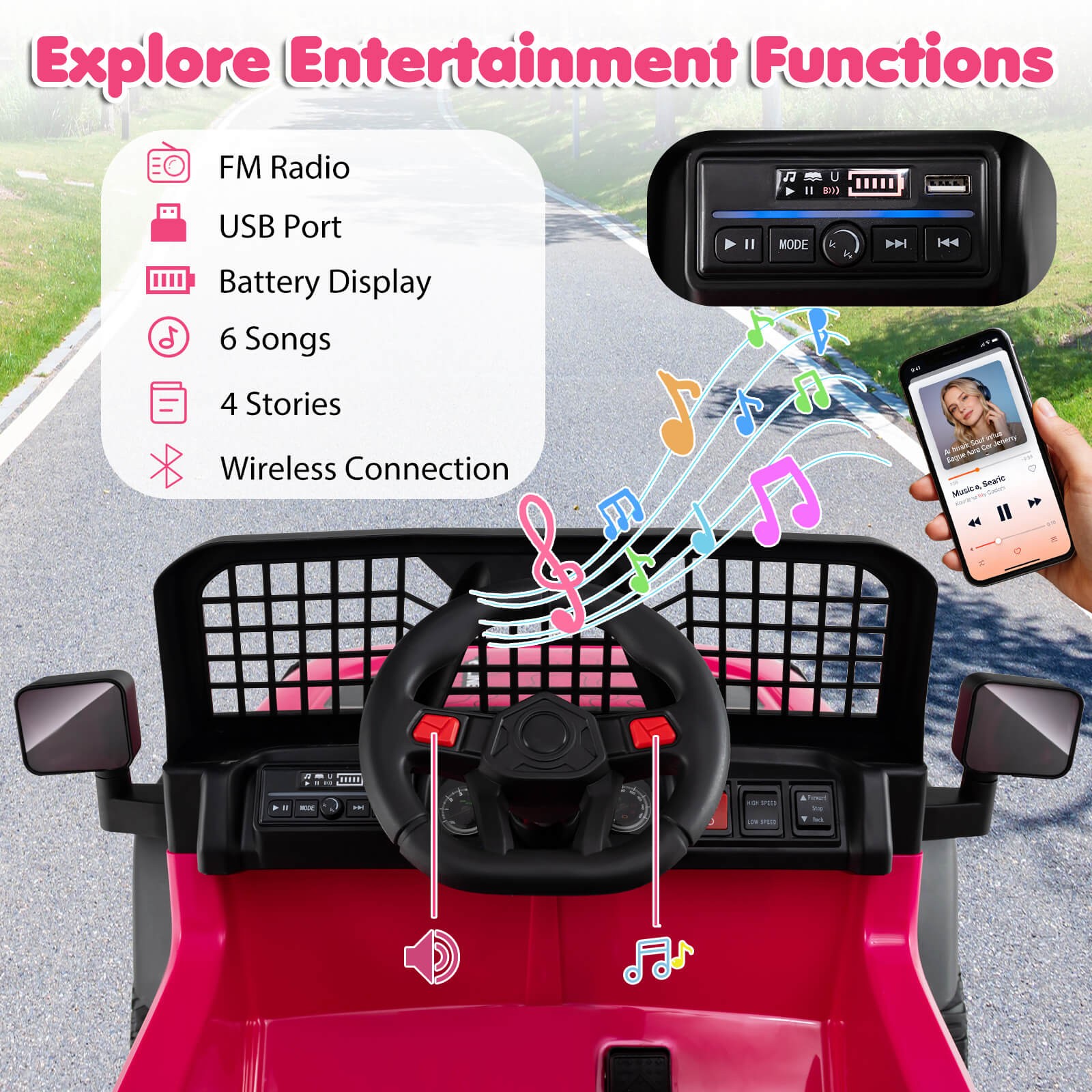 24V Ride On Car w/Remote Control Music LED Headlights Spring Suspension for Kids