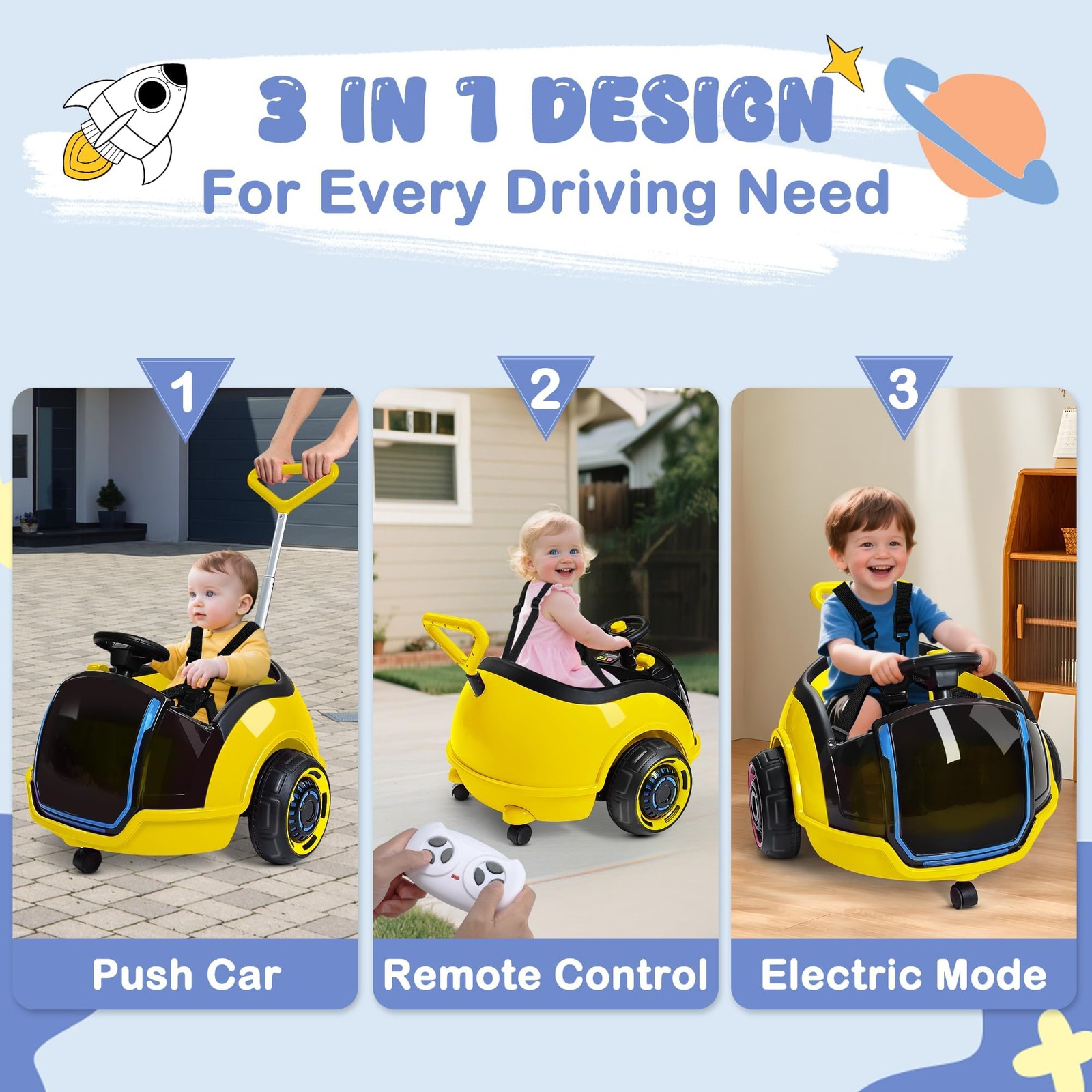 ANPABO 3-in-1 Electric Push Ride On Car, 12V Kids Ride On Toy w/Remote Contro…