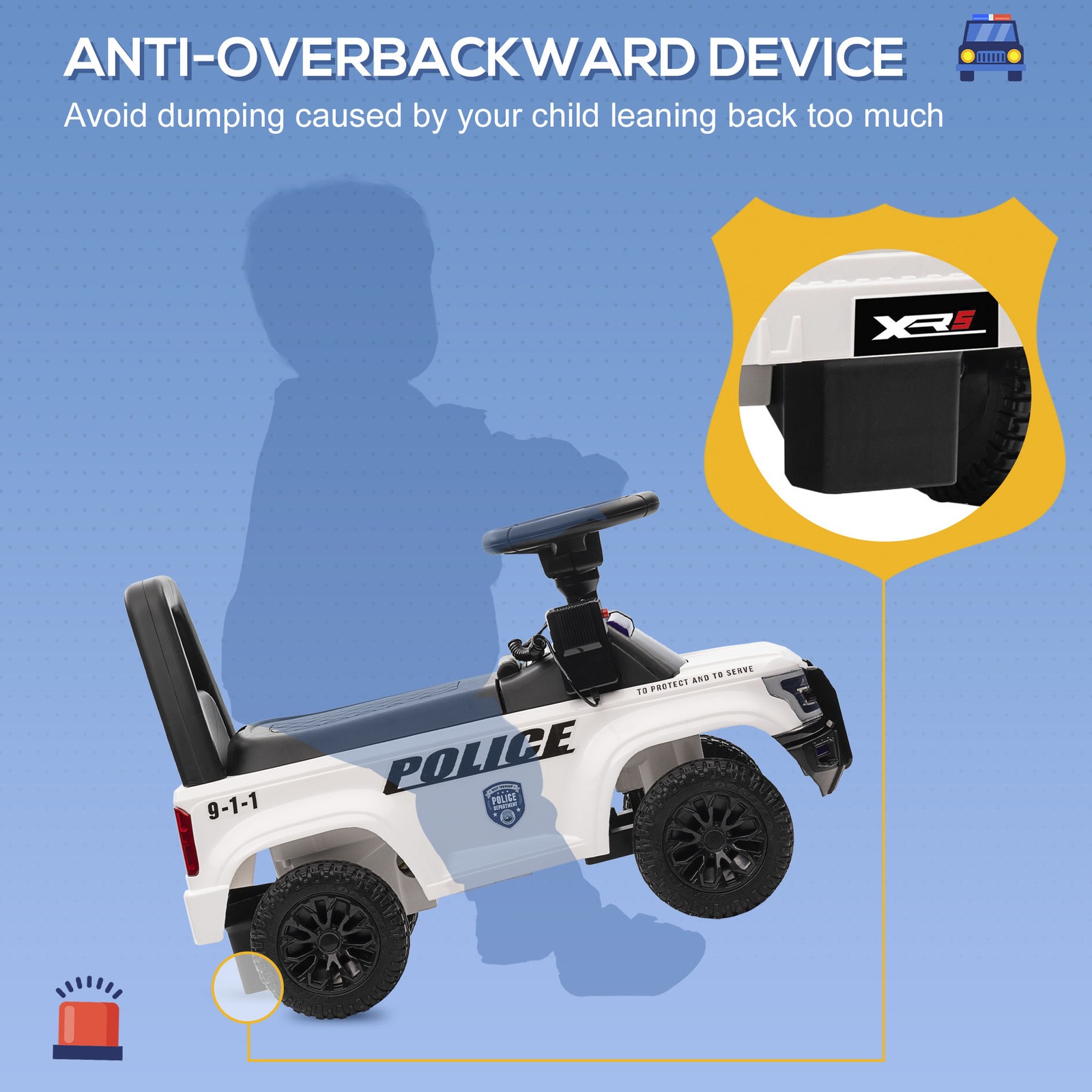 Kids Push Ride On Police Car W/ Horn, for 18 Months – 5 Years Old,White