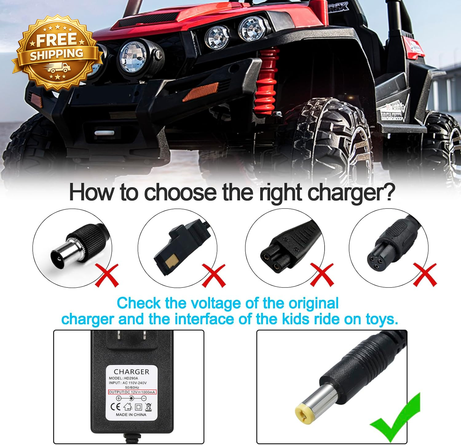 12V Kids Charger for Ride on Car 12V Various Electric Ride-On Toys Car Battery