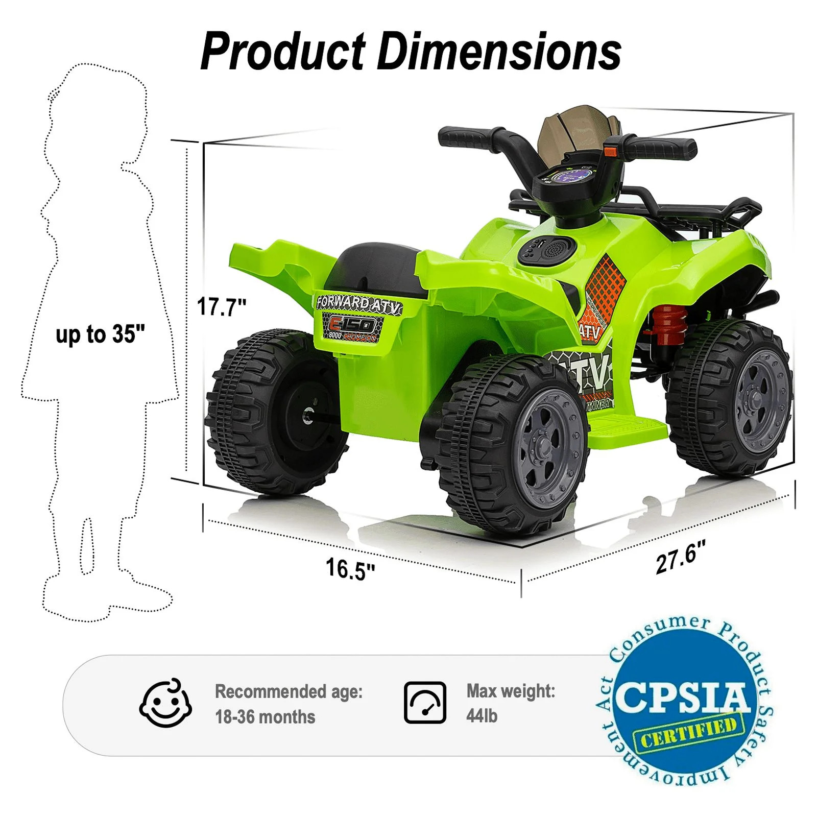 6V Ride-On Toy for Toddlers Kids ATV 4 Wheeler 1-5 Boys & Girls Music Green