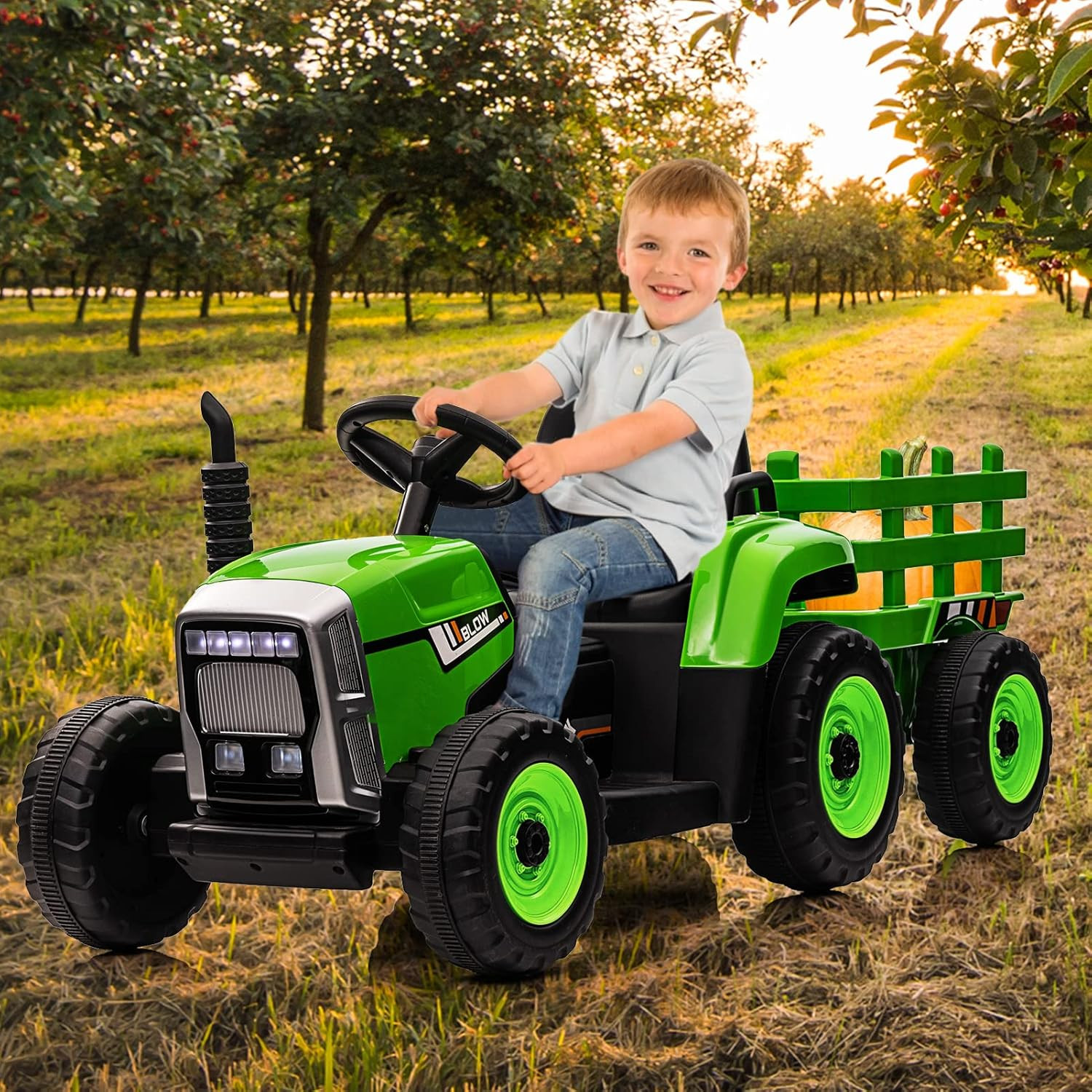 12V Kids Ride on Tractor with Trailer & Remote Control, Electric Tractor for Tod