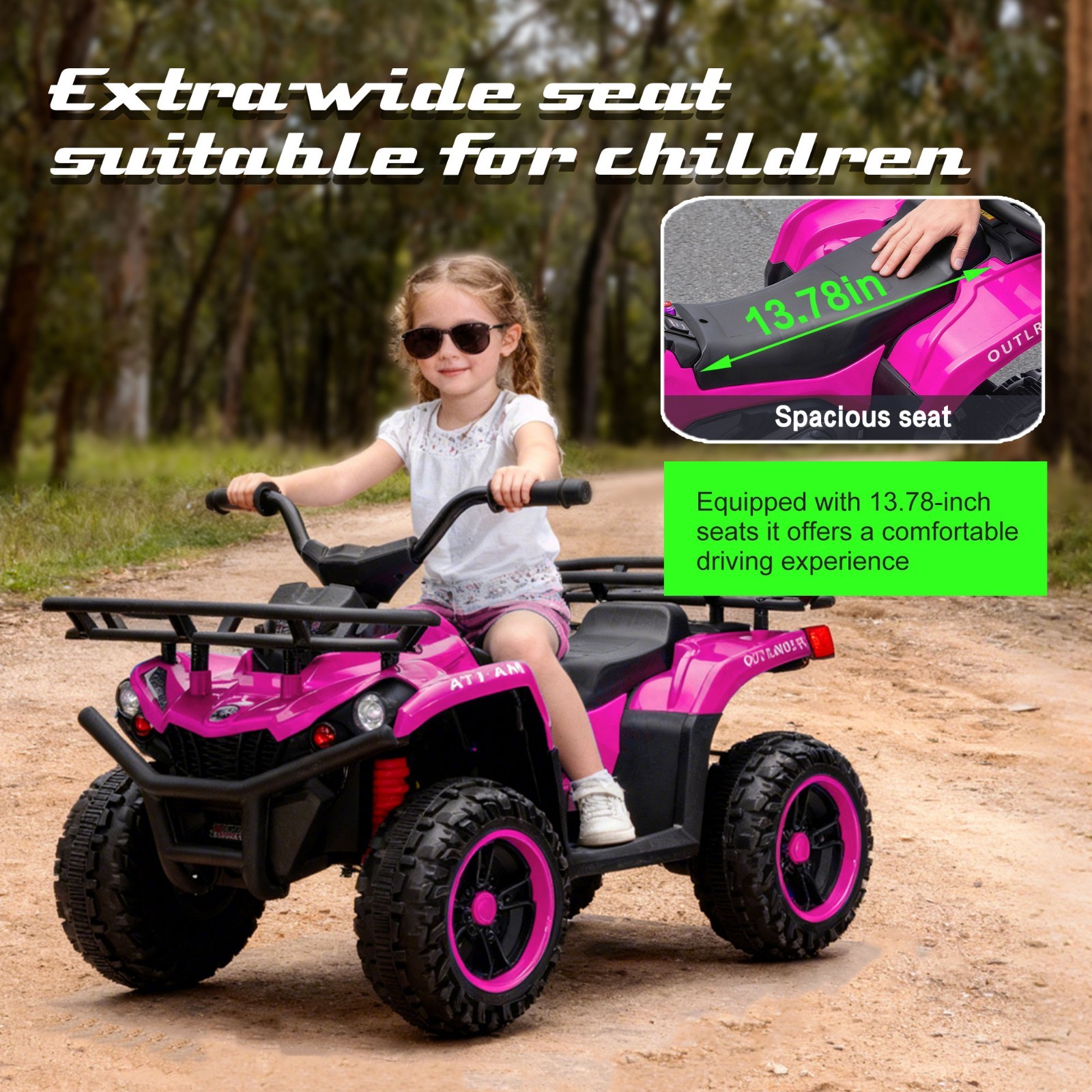 24V Kids Ride On ATV, 160W Off-Road Toys w/LED, Dual Storage Racks,Pink
