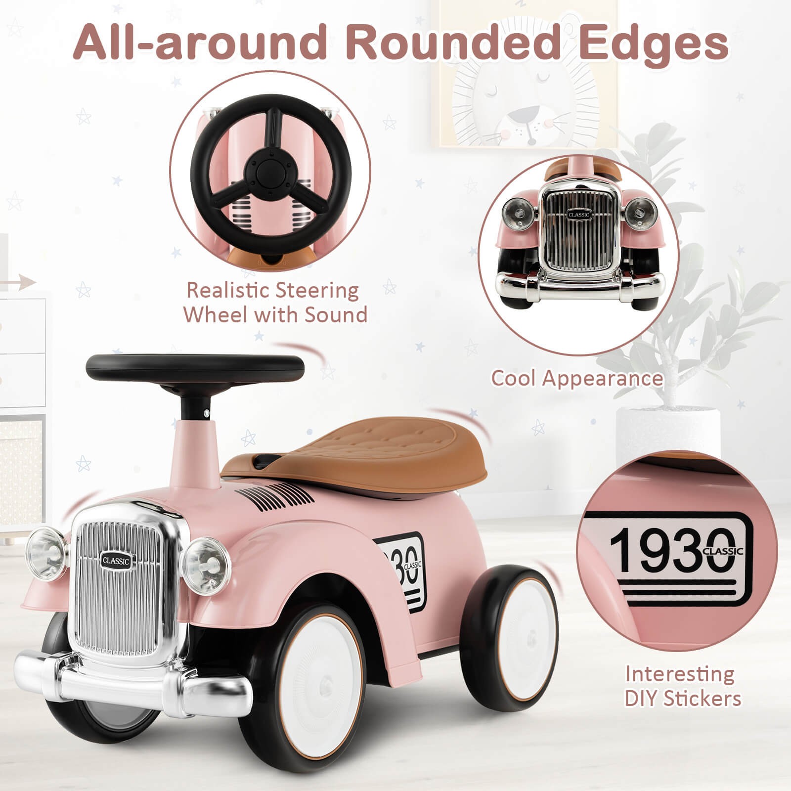Retro Kids Ride-on Toy w/ Working Steering Wheel, Storage Space, DIY Stickers