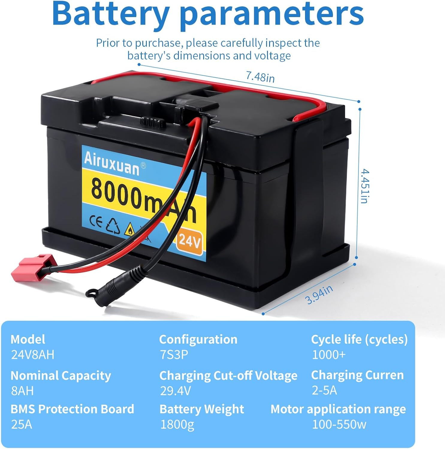 24V 8Ah Lithium Battery for Kids Ride-On Cars & Power Wheels, 25A BMS, 2A Charge
