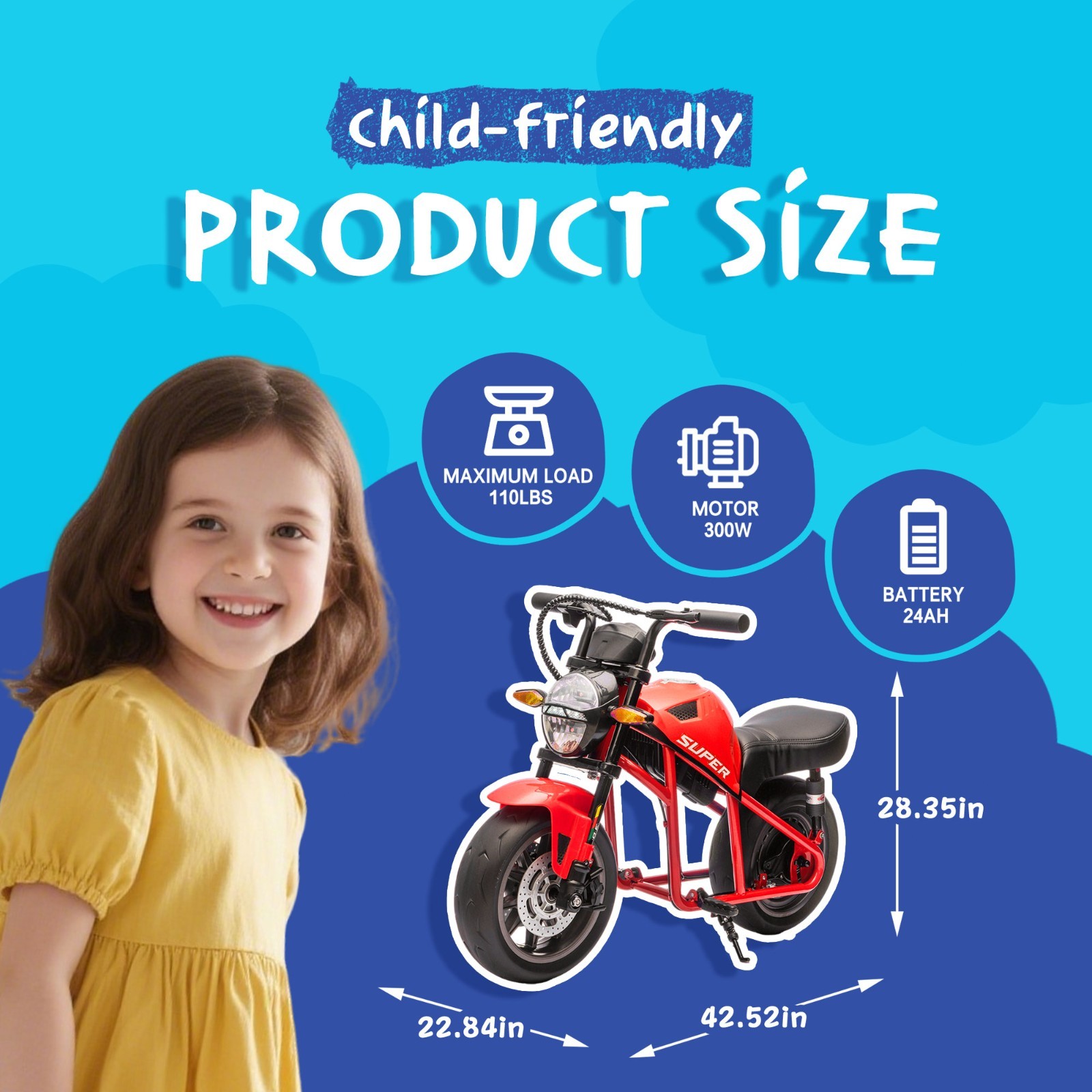 24V Kids Electric Motorcycle w/14in EVA Wheels, 300W Motor for Kids 6+,Red