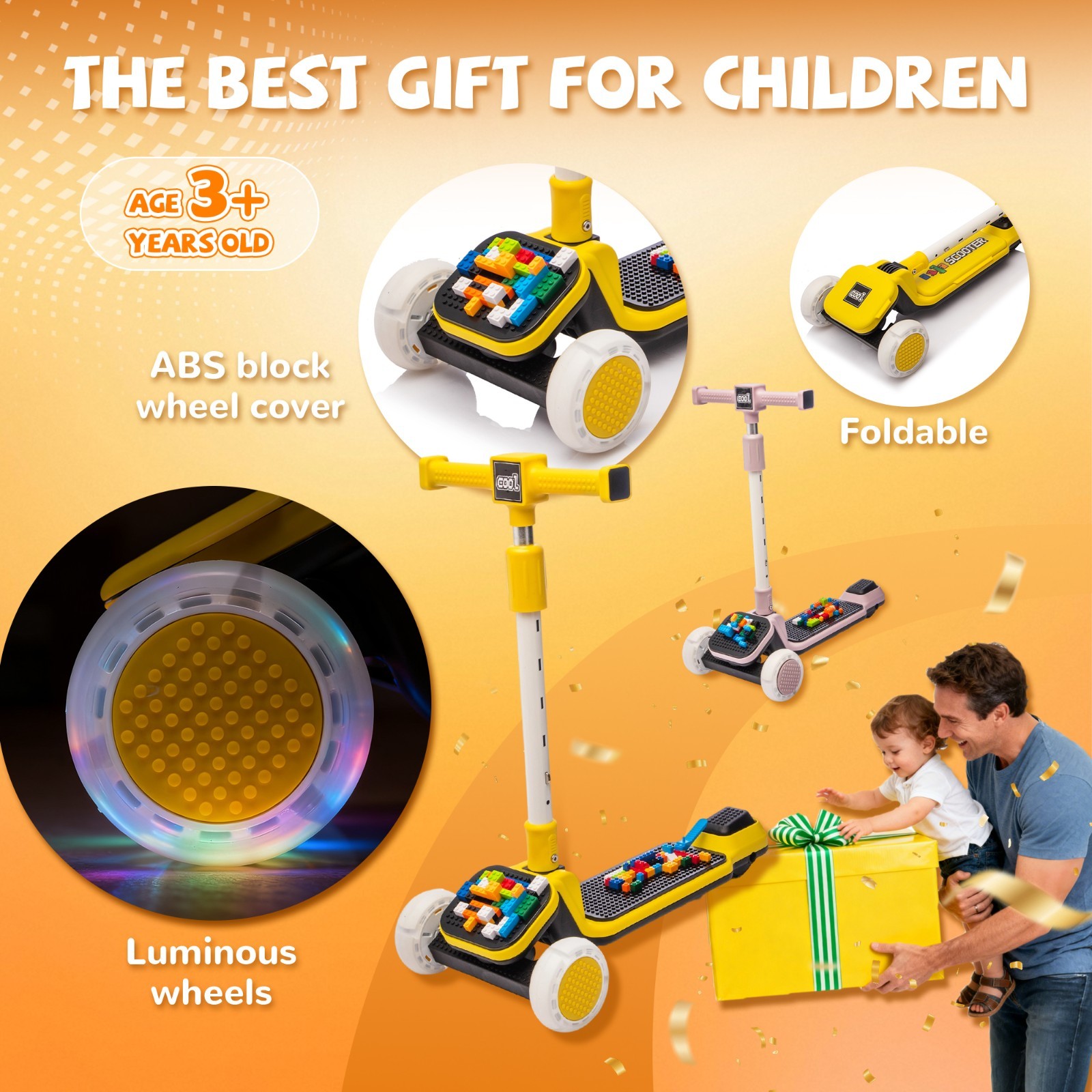 Kids 3-Wheel Scooter w/ Buildable Blocks PU Flashing Wheels Music Foldable