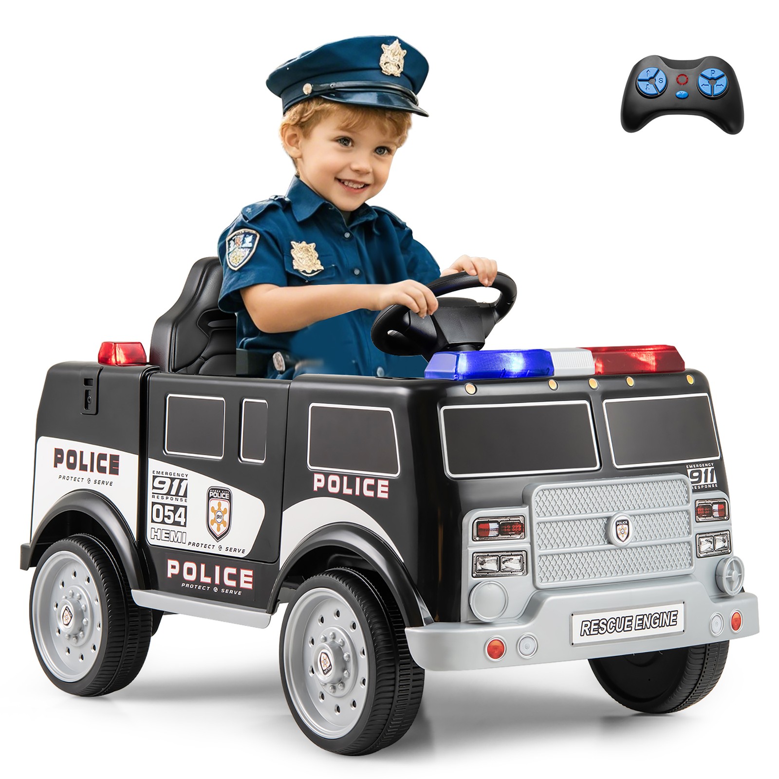 Kids Ride on Police Car w/ 3 Speeds Megaphone Music FM Radio Flashing Lights