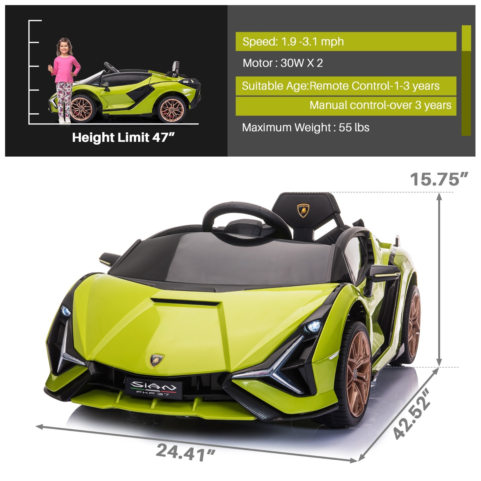 Tobbi 12VKids Ride On Car Licensed Lamborghini Sian Electric Toy w/Remote MP3