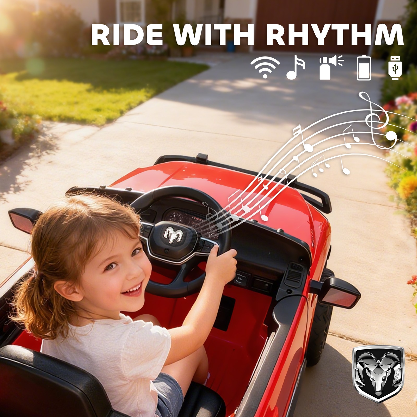 Qaba 12V Licensed Dodge RAM 3500 Kids Ride on Car with Dual Motors, Red