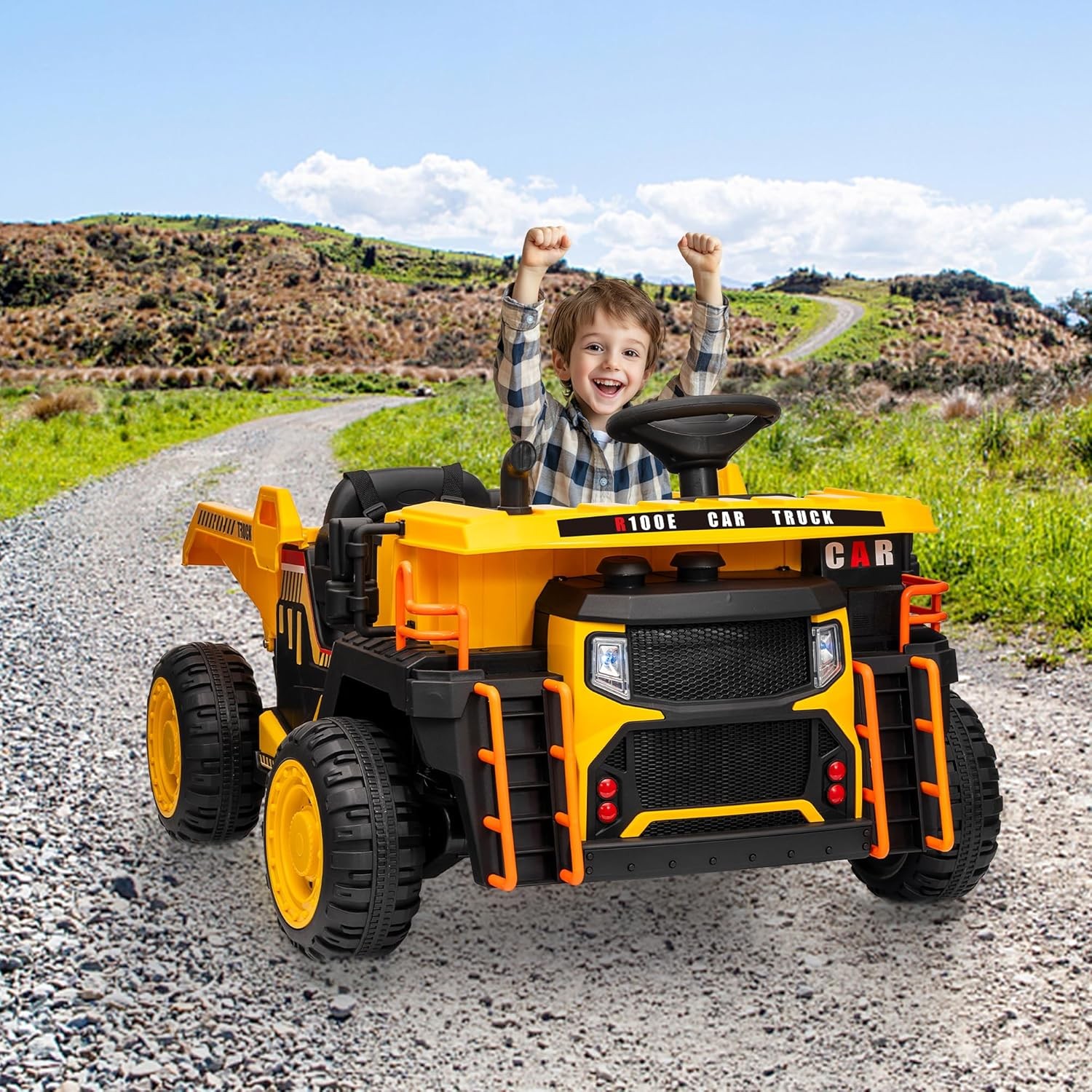 Kids Electric Dump Truck Ride On Car 2 Seater with RC,Dump Bed,4WD Motors Yellow