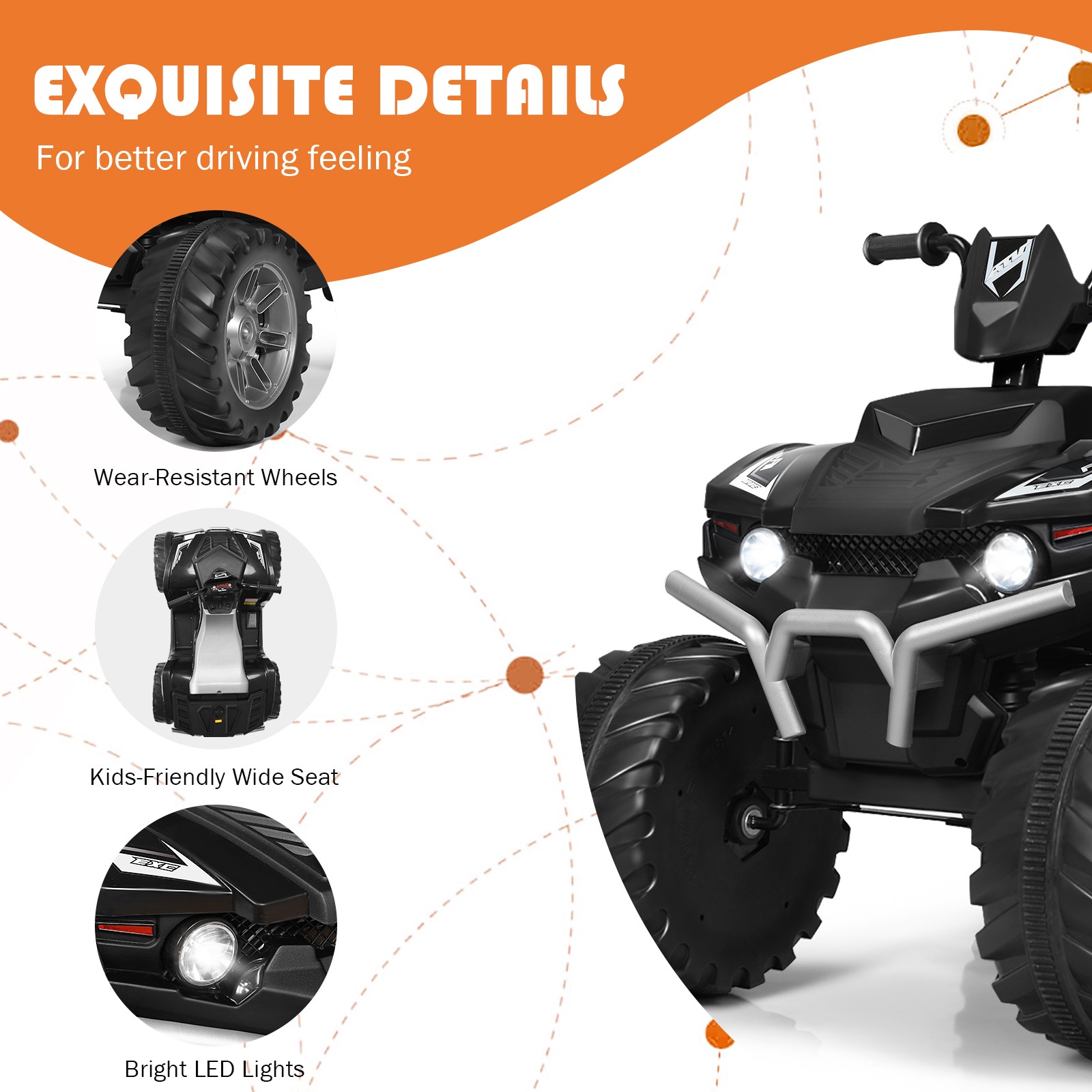 Costway 12V Kids 4-Wheeler ATV Quad Ride On Car w/ LED Light & Music Black