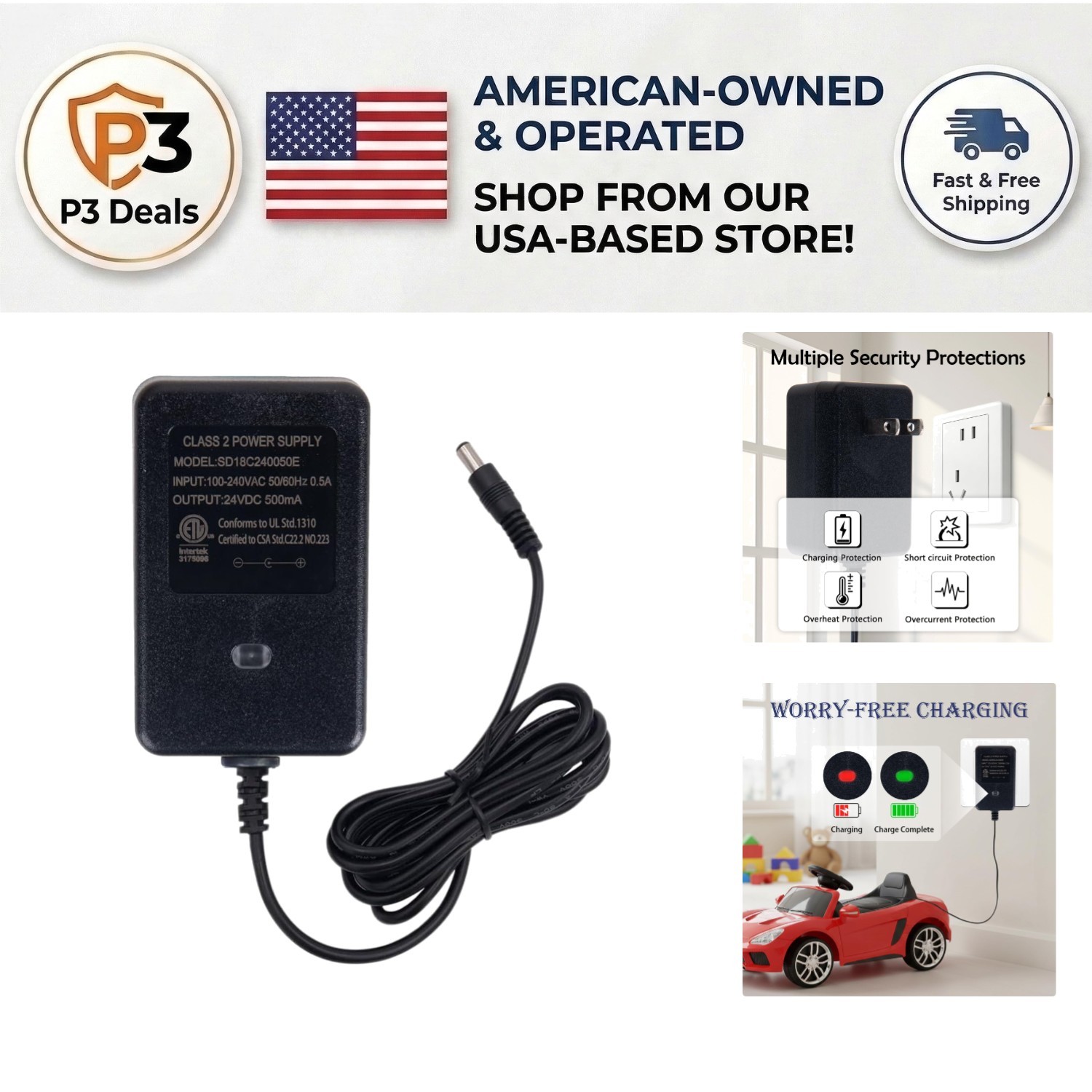 24V Kids Charger for Electric Ride-On Cars and Strollers – 500mA Power Adapter