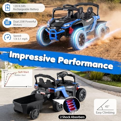 Kids Ride On UTV Car with Detachable Trailer – 12V Battery – Blue with Trailer