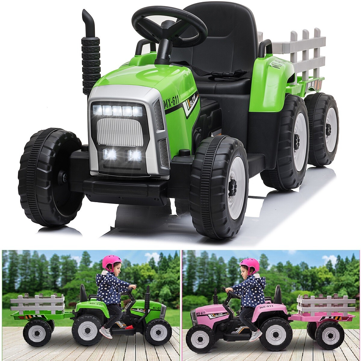 12V Kids Ride on Electric Tractor & Trailer W/MP3 Player & LED Light