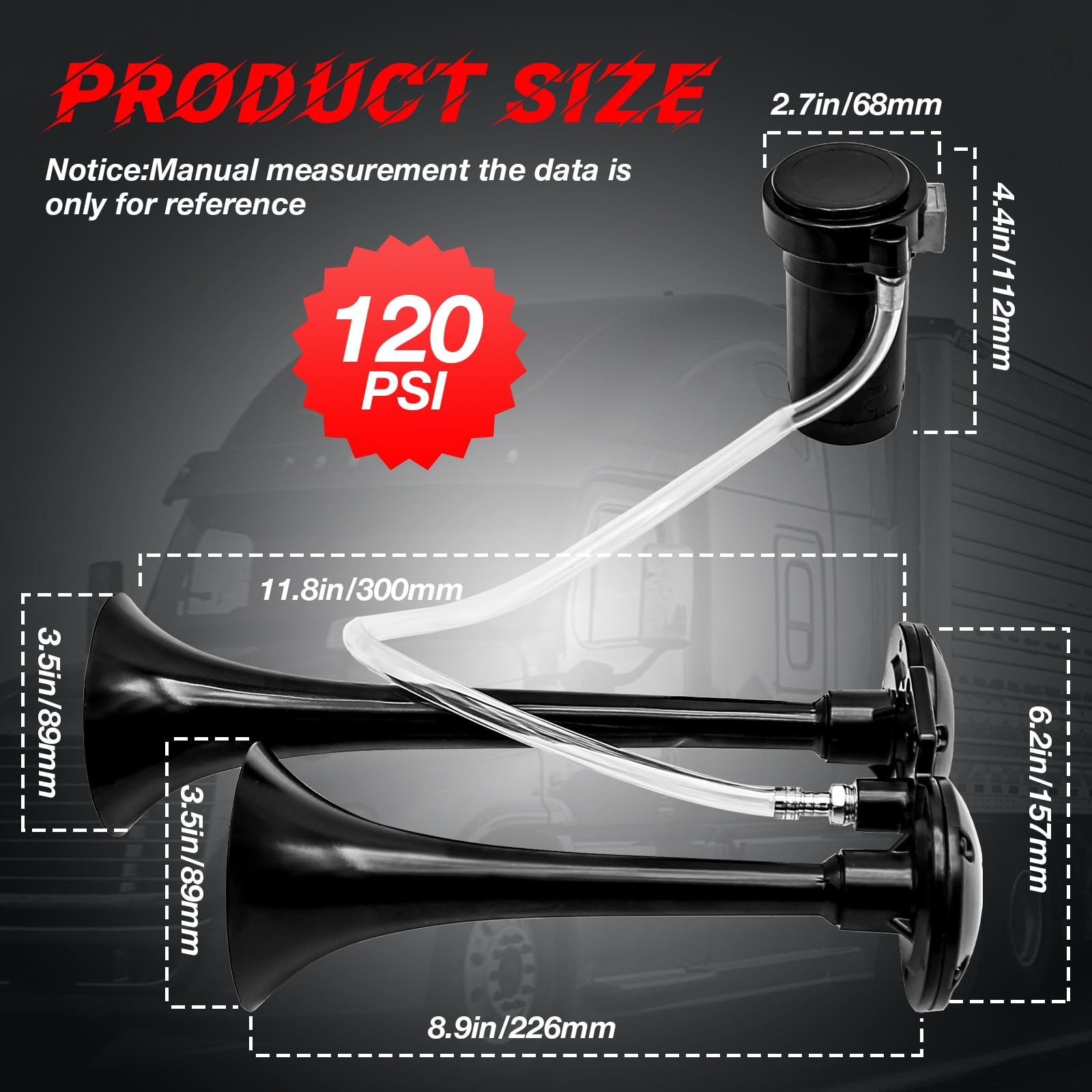 12V Air Horn Kit 150DB Super Loud Train Horn 120 PSI Compressor Truck Black