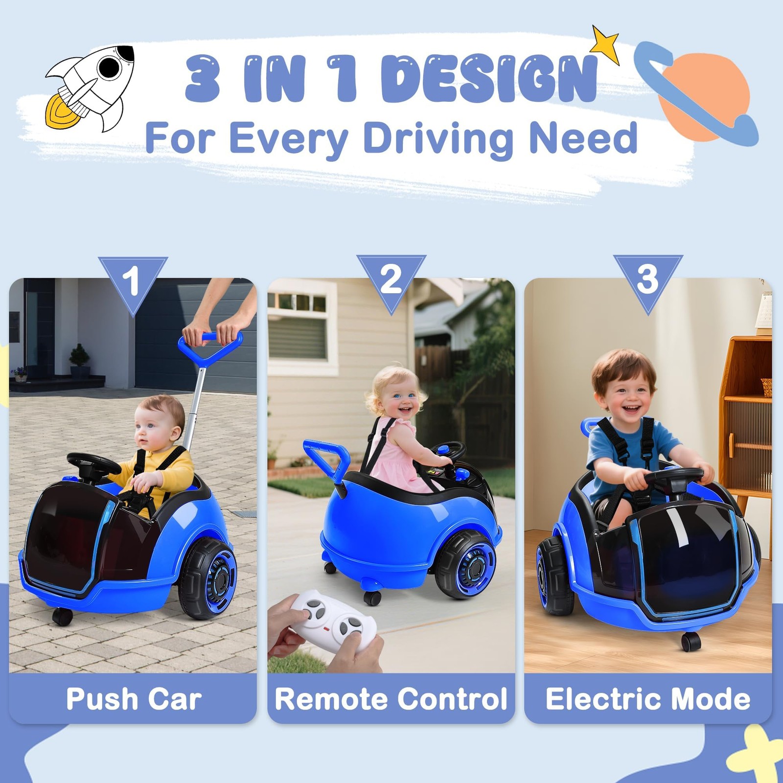 ANPABO 3-in-1 Electric Push Ride On Car, 12V Kids Ride On Toy w/Remote Contro…