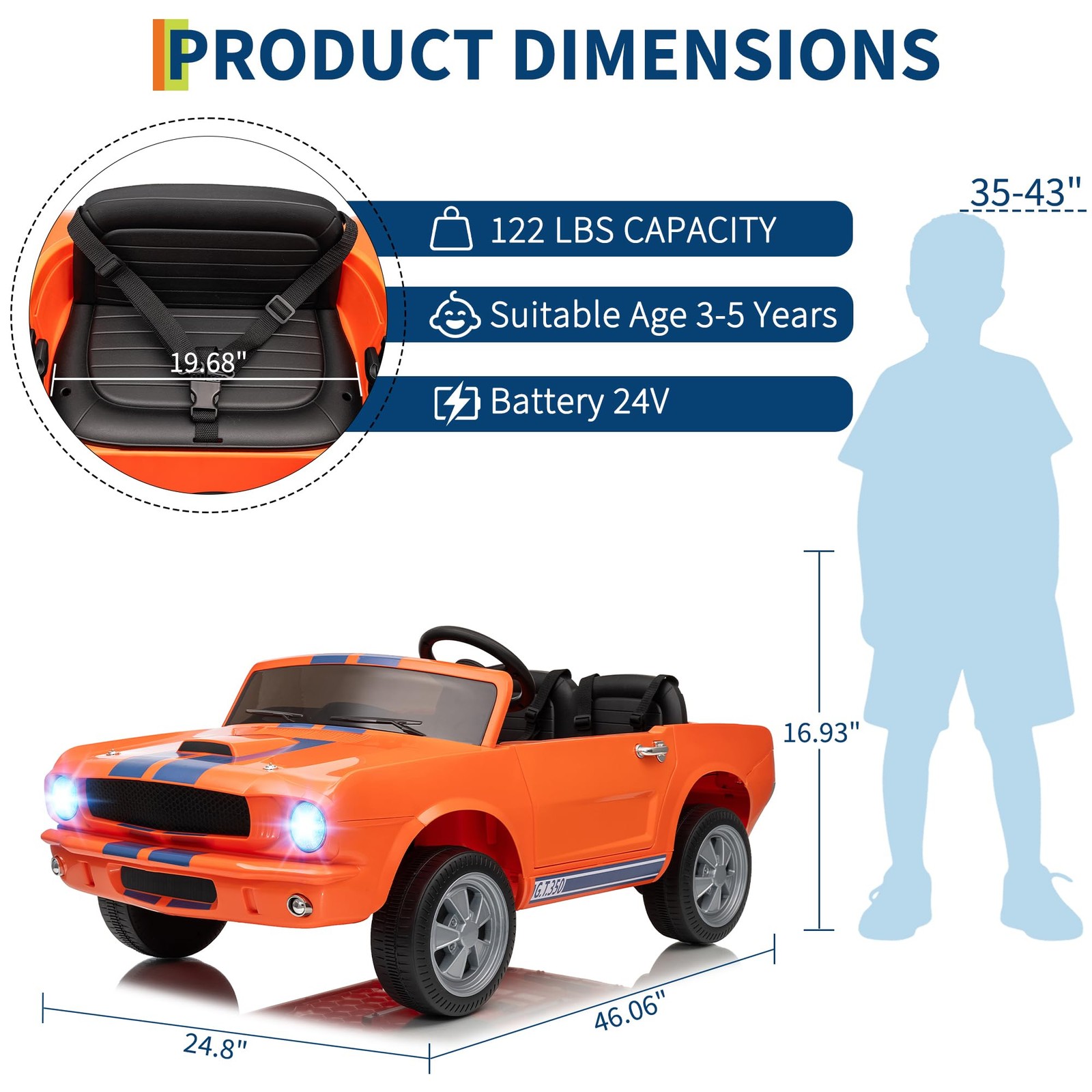 2-Seater Ride on Car Licensed Shelby GT350 24V Electric Vehicle with Remote