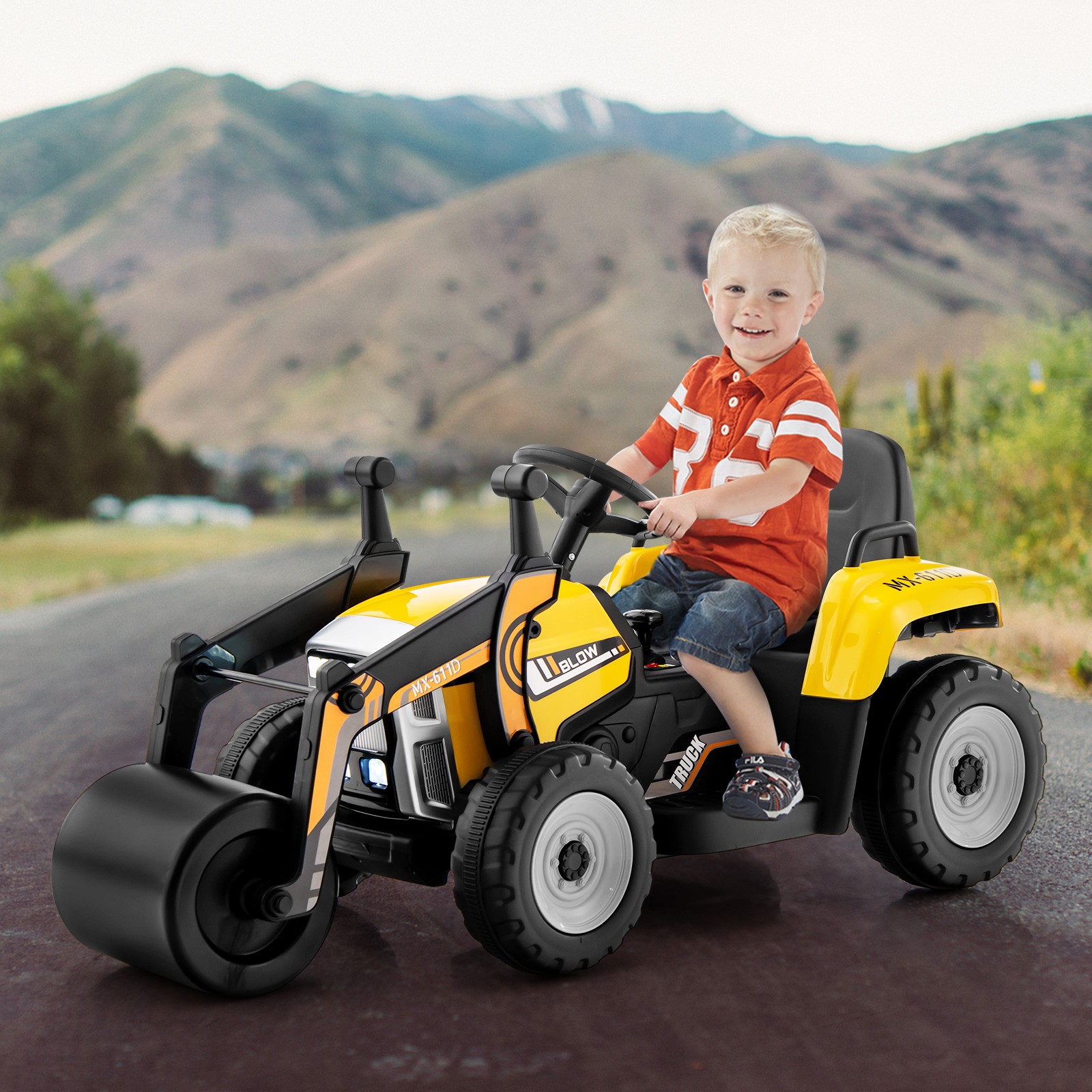 Kids Ride On Road Roller 12V Electric Tractor Remote w/LED Light &Music Yellow