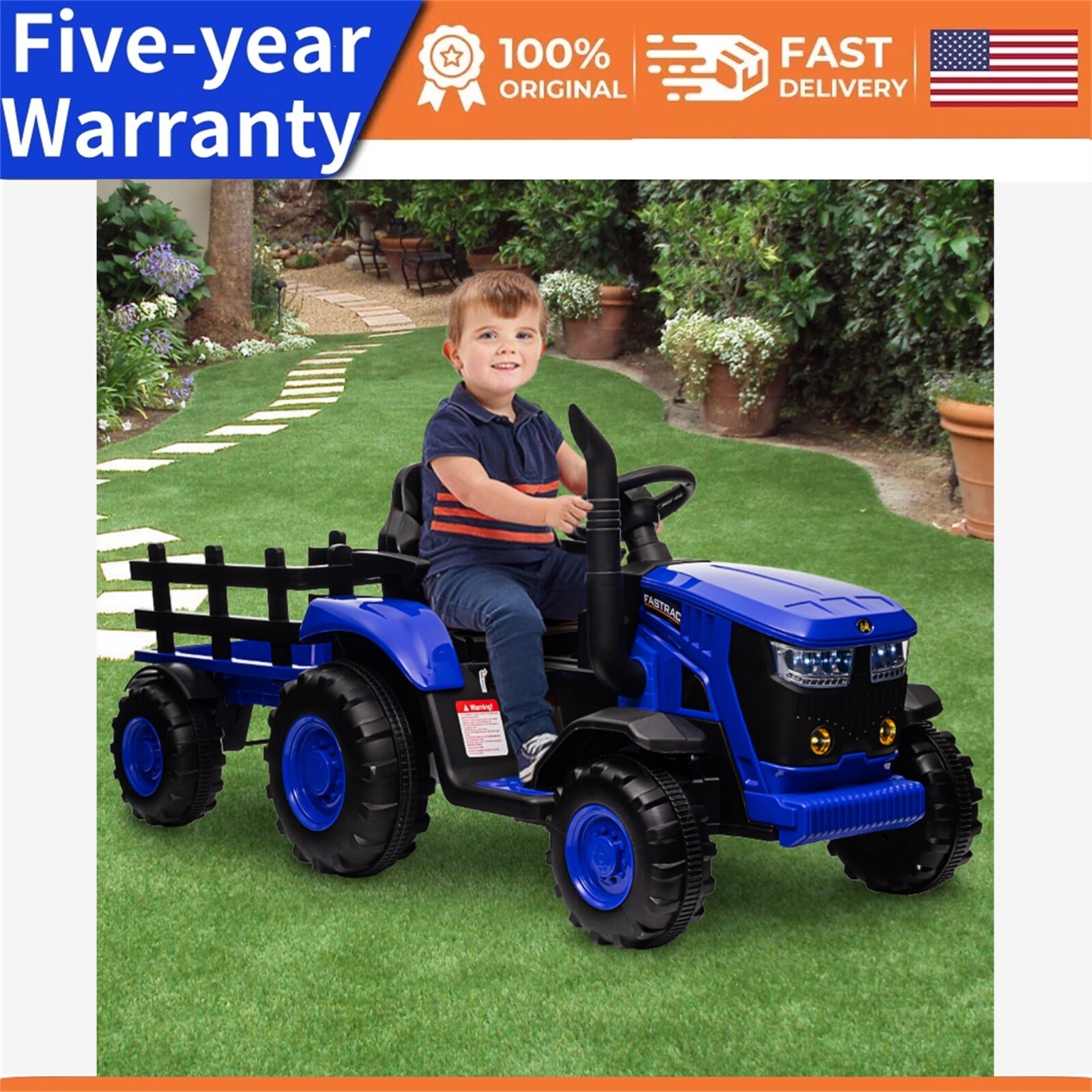 Electric Kids Ride-On Tractor with Trailer Dual Motors Led Lights Music Mode