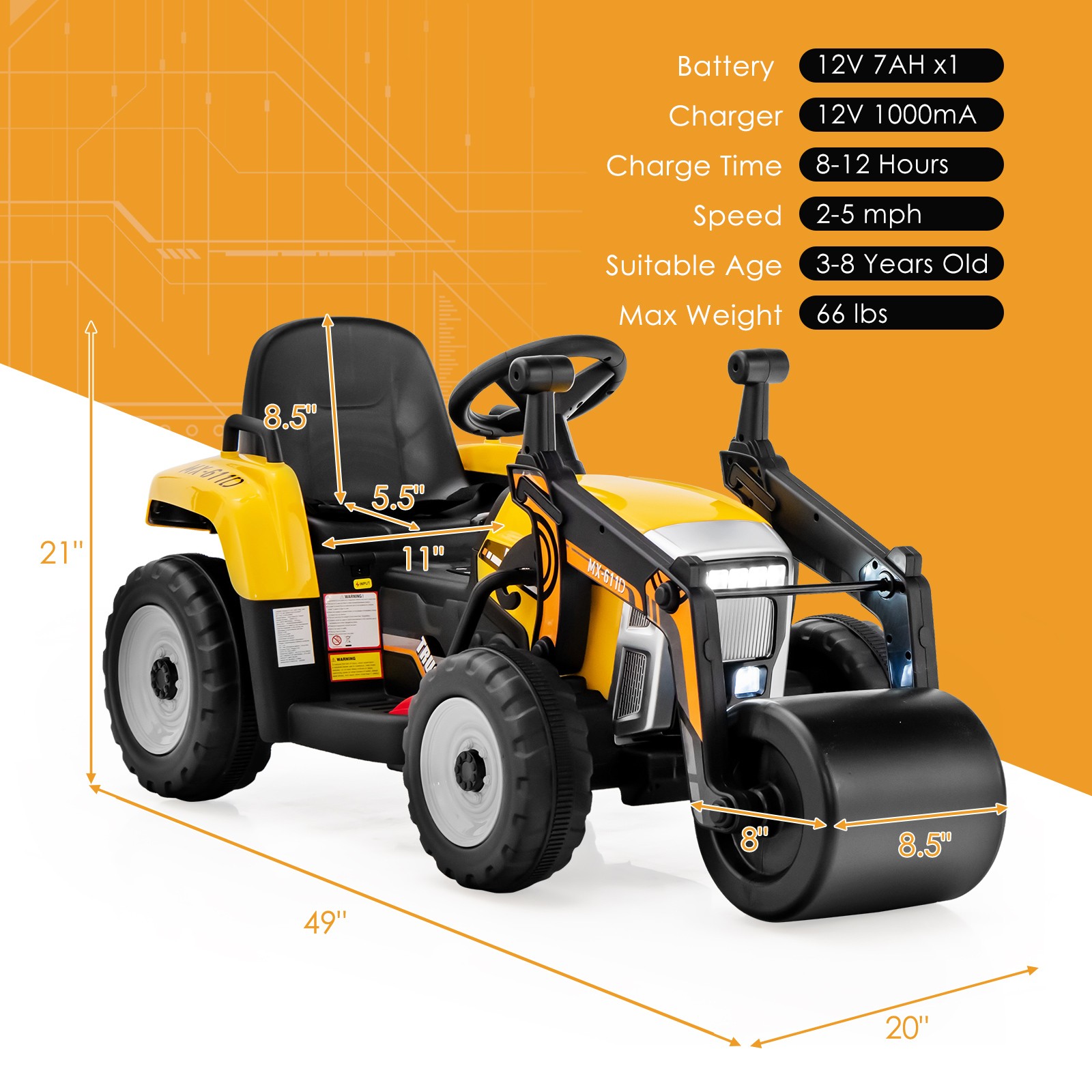 Kids Ride On Road Roller 12V Electric Tractor Remote w/LED Light &Music Yellow