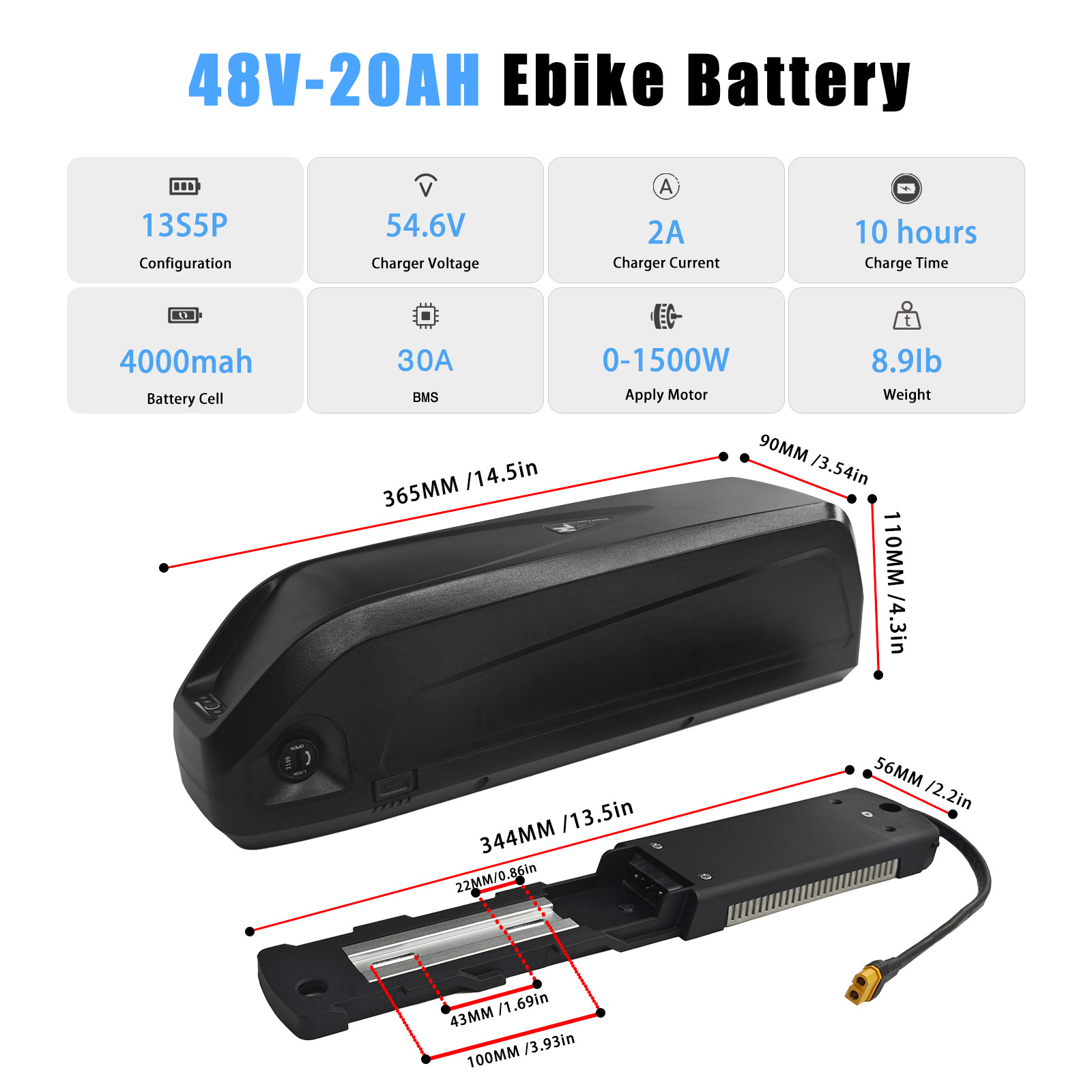 48V Electric Lithium Battery 48 Volt 10Ah 16Ah 20Ah Battery for 0-1500W Motor