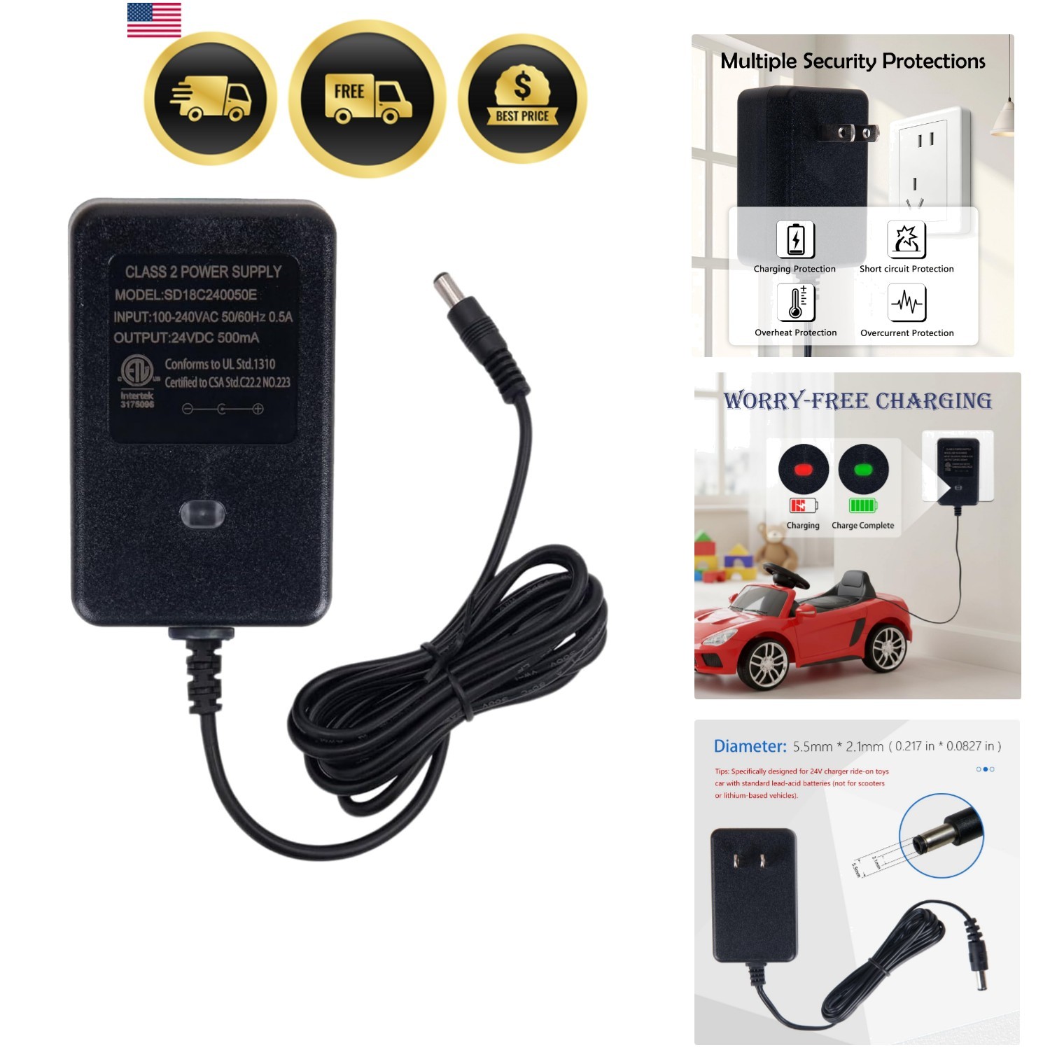 24V Charger for Ride On Car, 24 Volt Kids Battery Charger with Charging Indic…