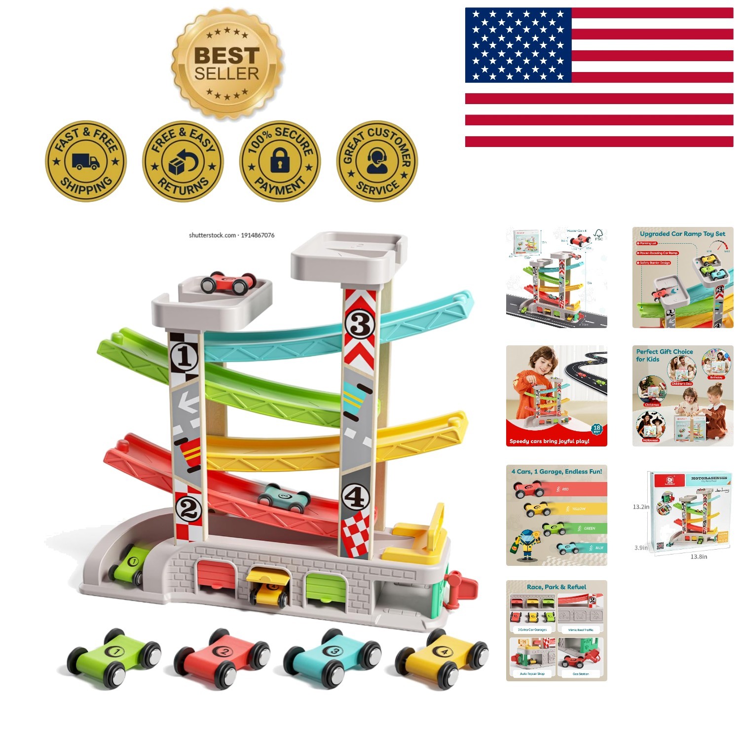 4-Car Wooden Race Track with Parking Lot: Ideal Gift for Toddlers 2-4