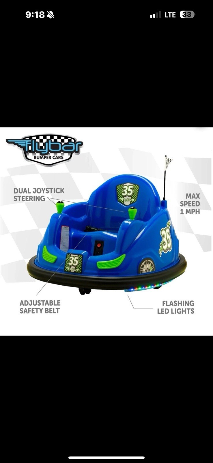 Flybar 6V Battery Powered Ride On Bumper Car W/Fun LED Lights – Blue – New