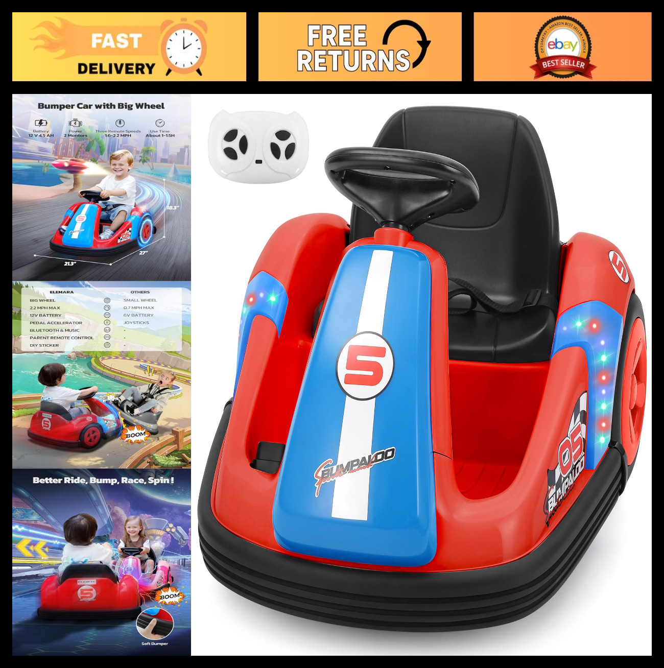 Electric Bumper Cars for Kids – 12V Ride-On Toy, Remote Control, 360 Spin, Bluet