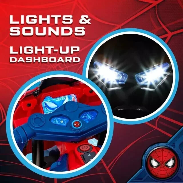 Kids Spider-Man 6V Battery-Powered Motorcycle w/ Working Headlights, Ages 3+