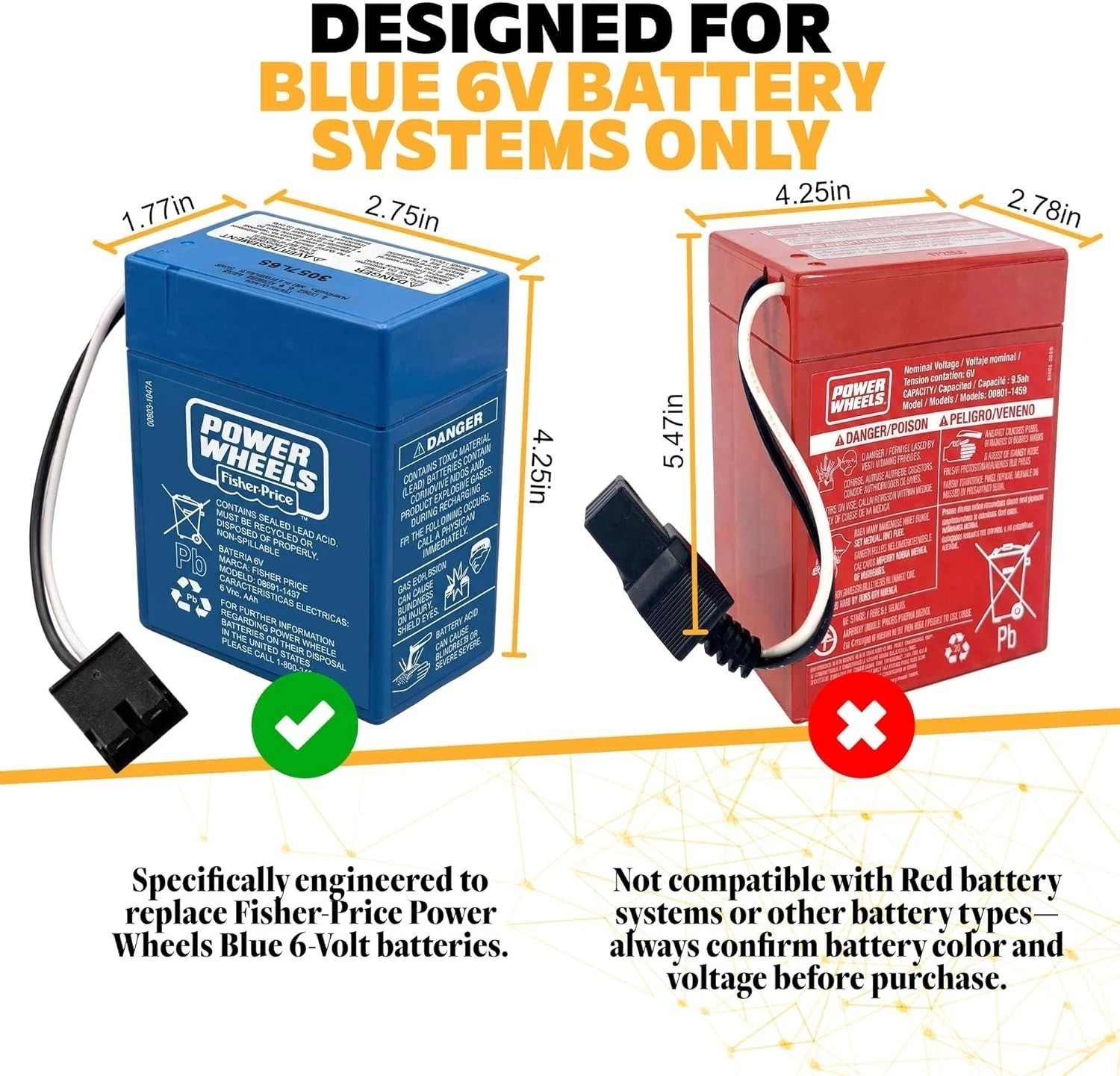 Fisher-Price Power Wheels 2 Pack Blue 6V Battery Replacement with Harness