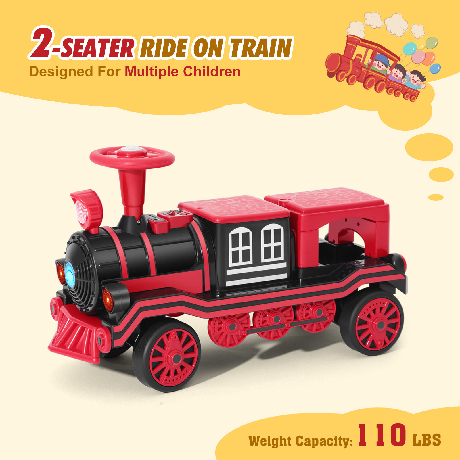 Large 2-Seater Red 12V Battery Kids Ride On Train w/2 Speed,Music,Lights,Storage