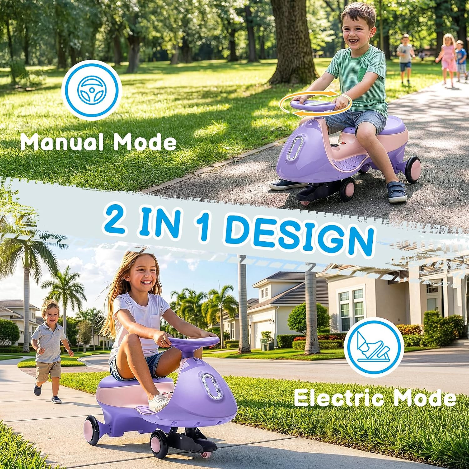 12V Electric Wiggle Car Ride on Toy with Pedal, 2 in 1 Rechargeable Battery Swin