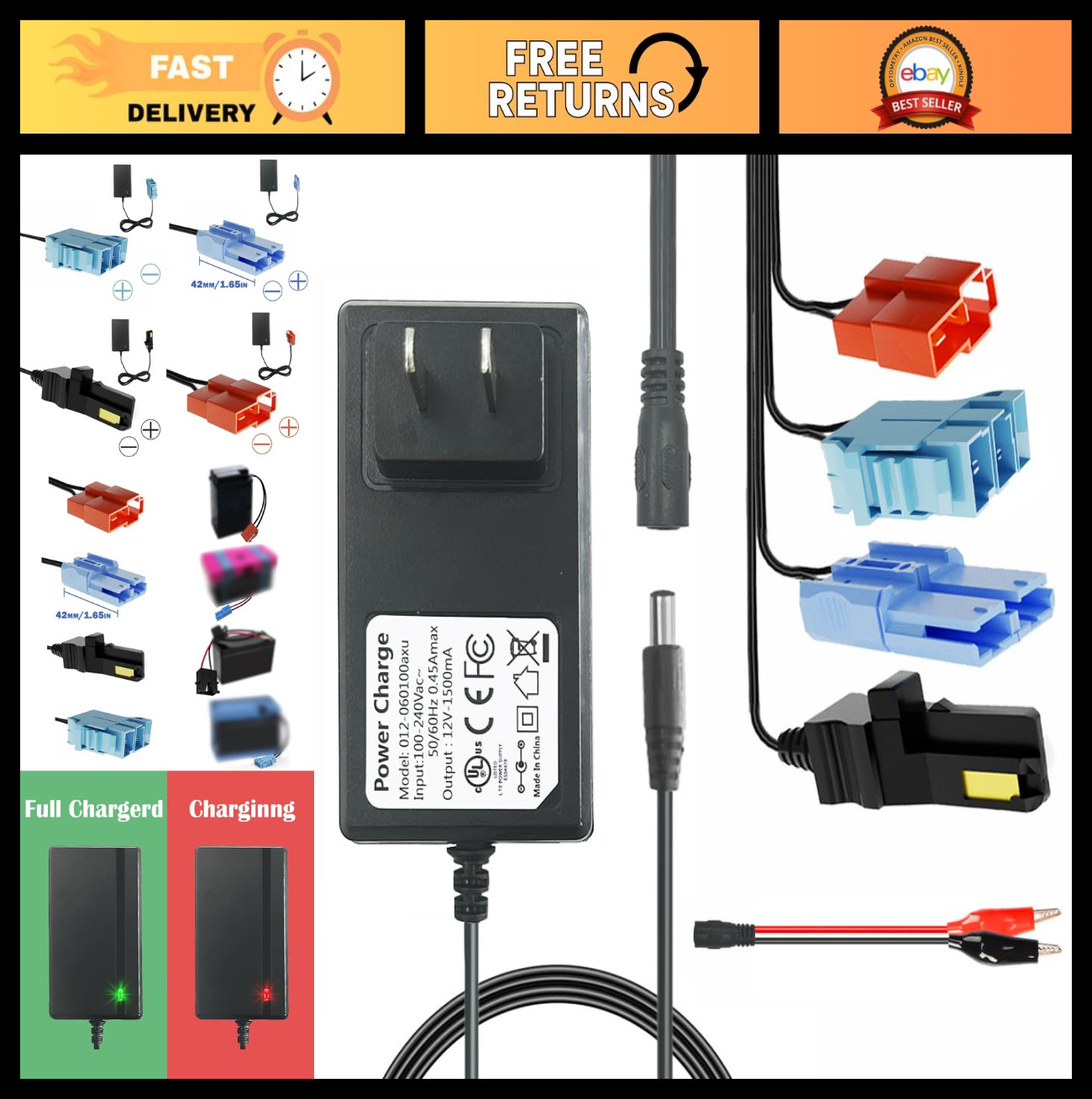 Universal 12V & 24V Charger for Kids Ride-On Cars, Power Wheels Adapter, LED Lig