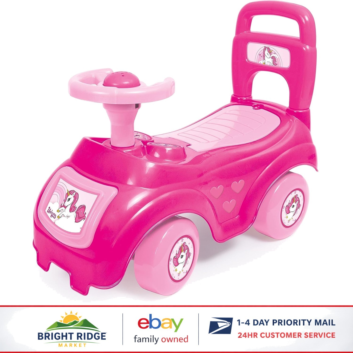 Pink Unicorn Ride-On Vehicle for Kids with Horn, Sound Effects & Easy Push