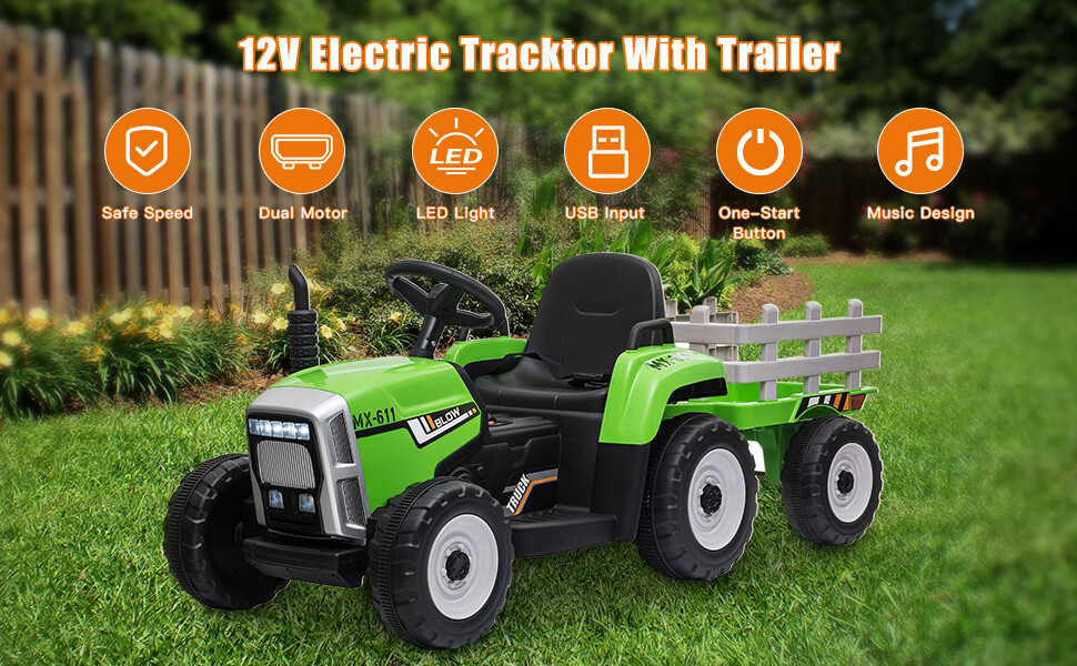 12V Kids Ride-On Tractor Car Toy Battery-Powered w/Remote Control+ Trailer Green