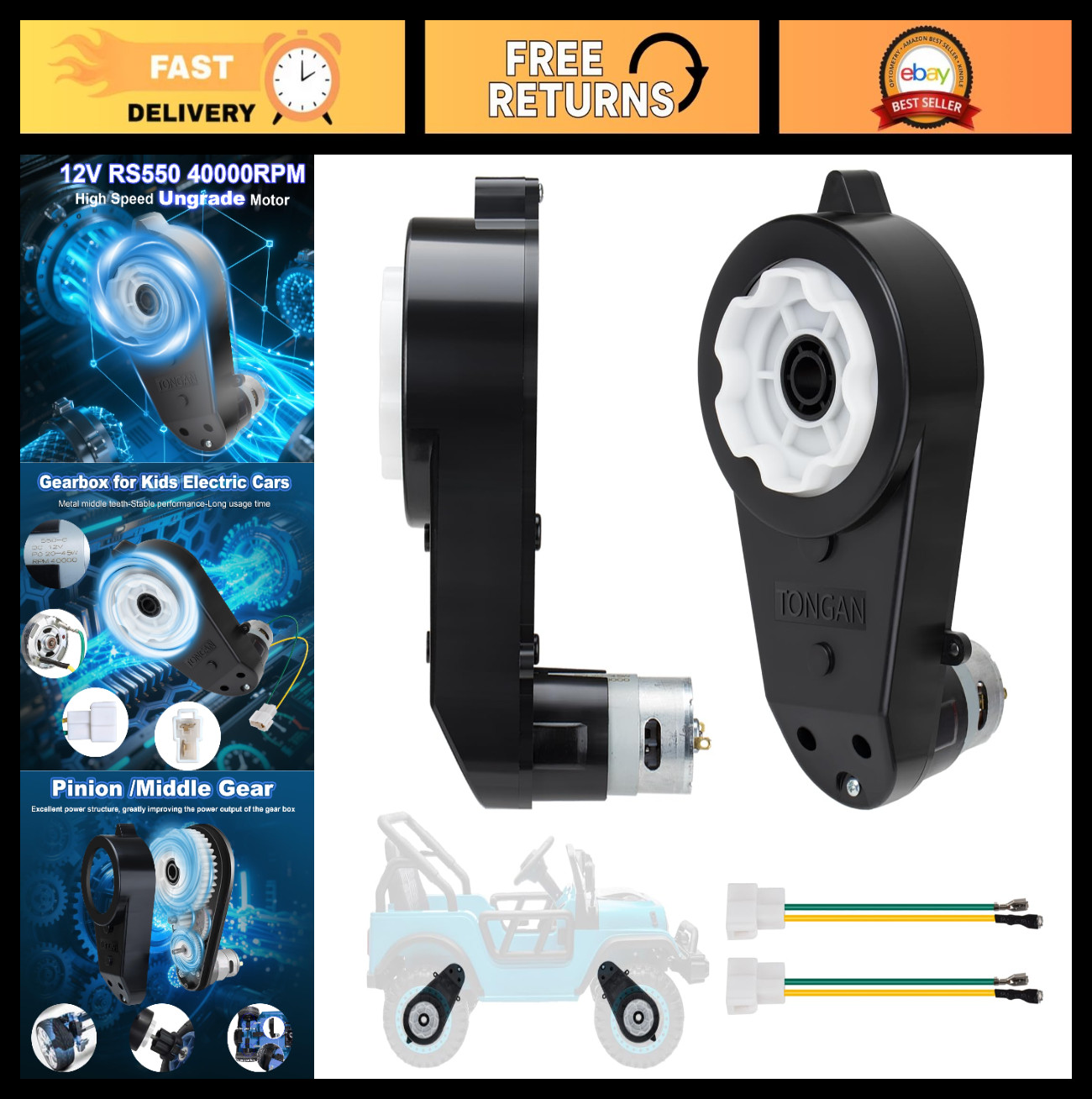 2Pcs 12V High-Speed RS550 Motor Gearbox for Ride-On Toys, Jeep Upgrade Parts