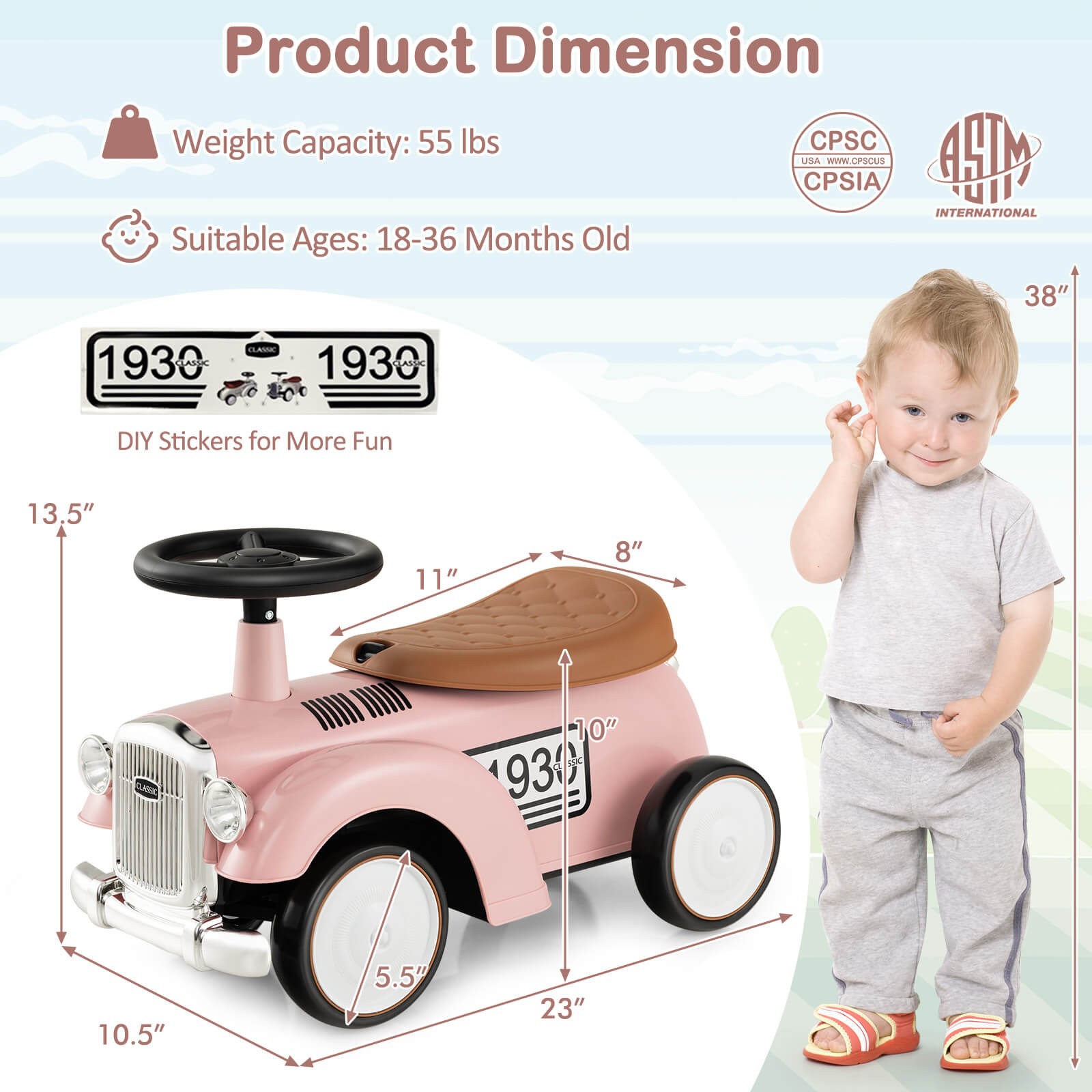 Retro Kids Ride-on Toy w/ Working Steering Wheel, Storage Space, DIY Stickers