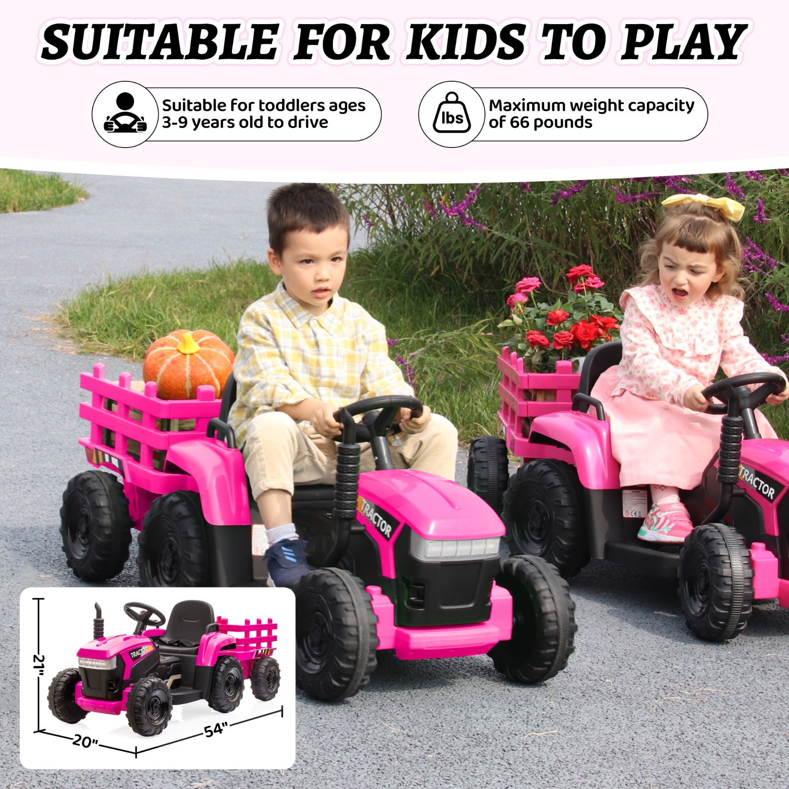 12V Kids Ride on Tractor Electric Vehicle w/Trailer 2 Motors Battery-Powered Toy