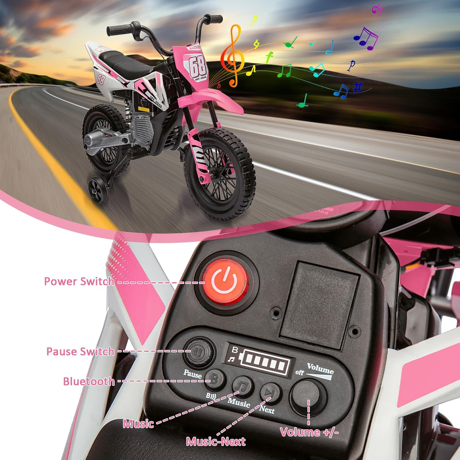 12V Kids Electric Dirt Bike with Training Wheels, Twist Grip Throttle, 3 Mph Max