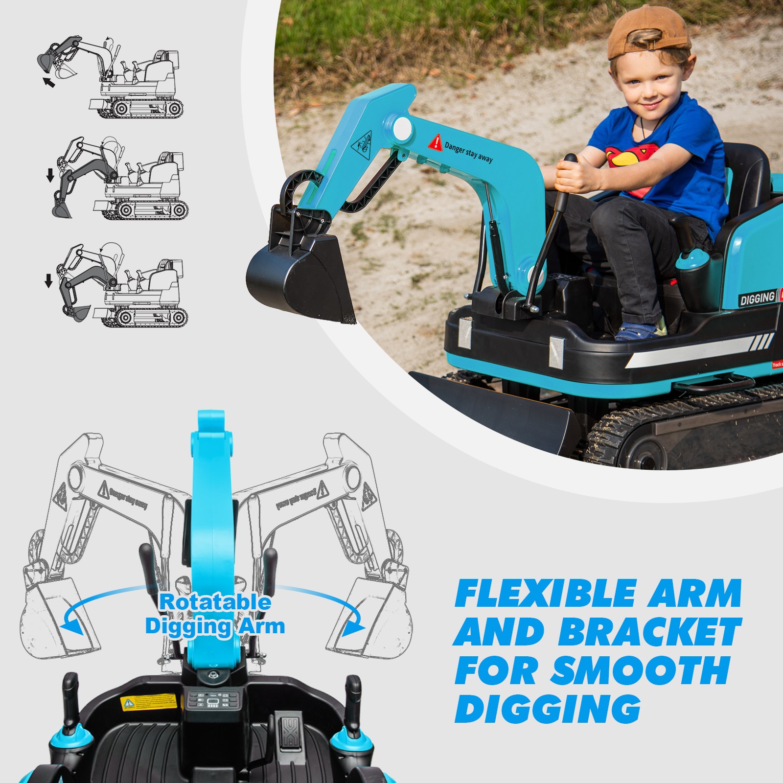 JOYLDIAS Blue 360° 12V Battery Kids Ride On Excavator & Bulldozer w/MP3,Remote