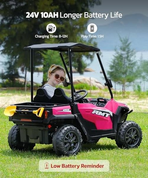 Hot Pink 24V Ride on Toy for Big Kid – 2 Seater – Sun Shade – Dump Bed
