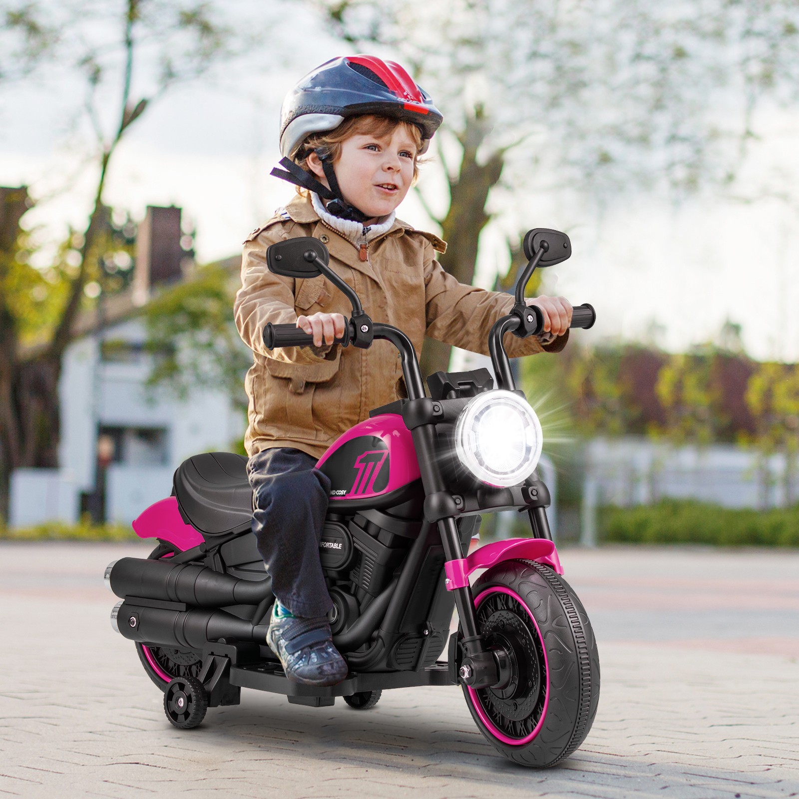6V Kids Electric Motorcycle w/ Training Wheels LED Headlights Music Board Pink