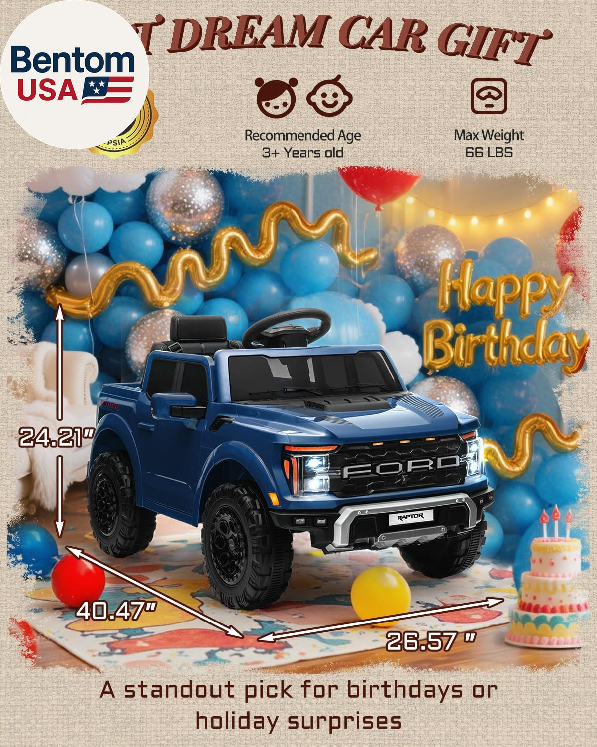 12V Electric Car for Kids, Licensed Ford F-150 Raptor Toddler Ride on Toys with