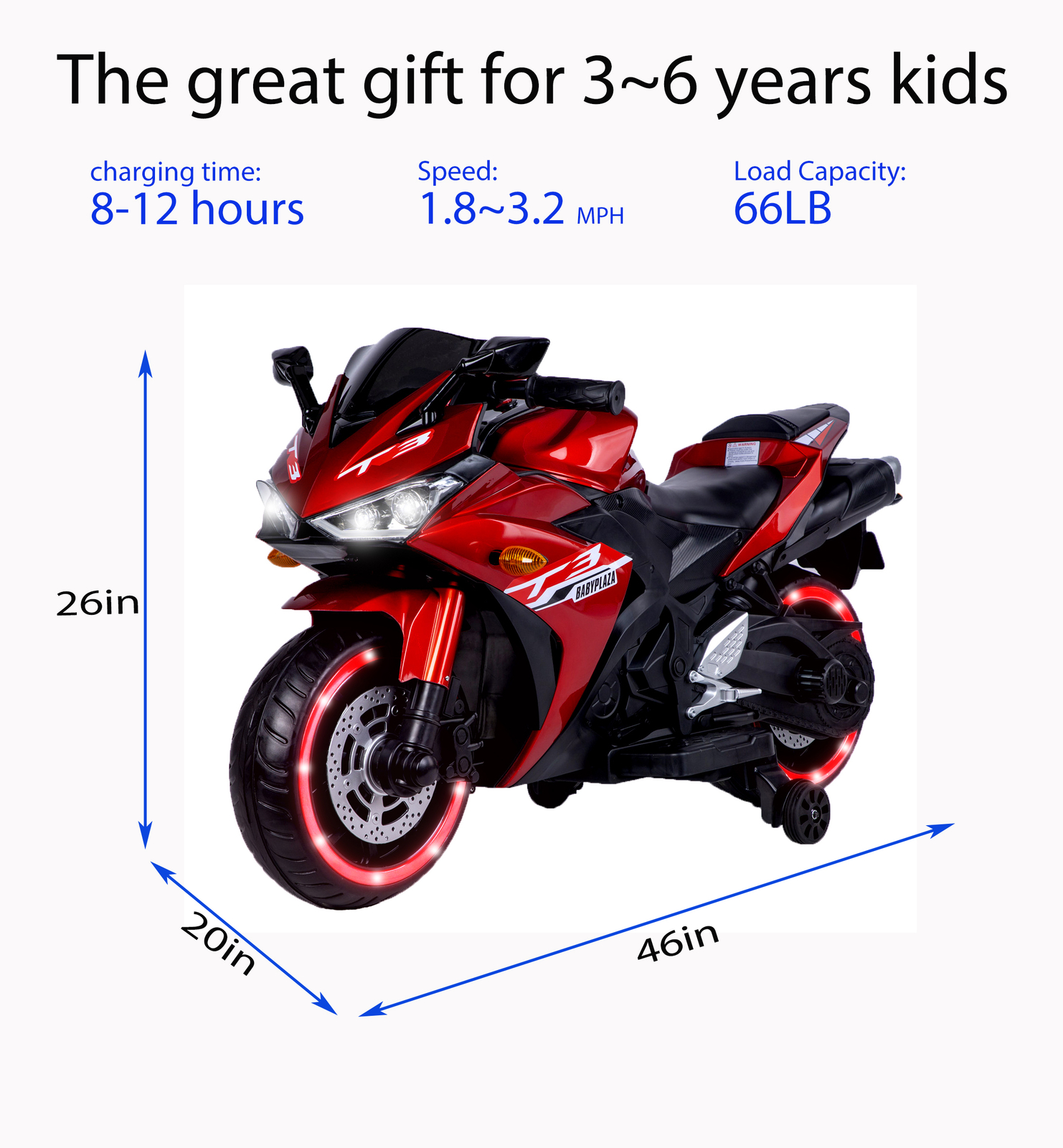 Kids Ride on Dirt Bike 12V Electric Motorcycle for Child w/ Training Wheels LED