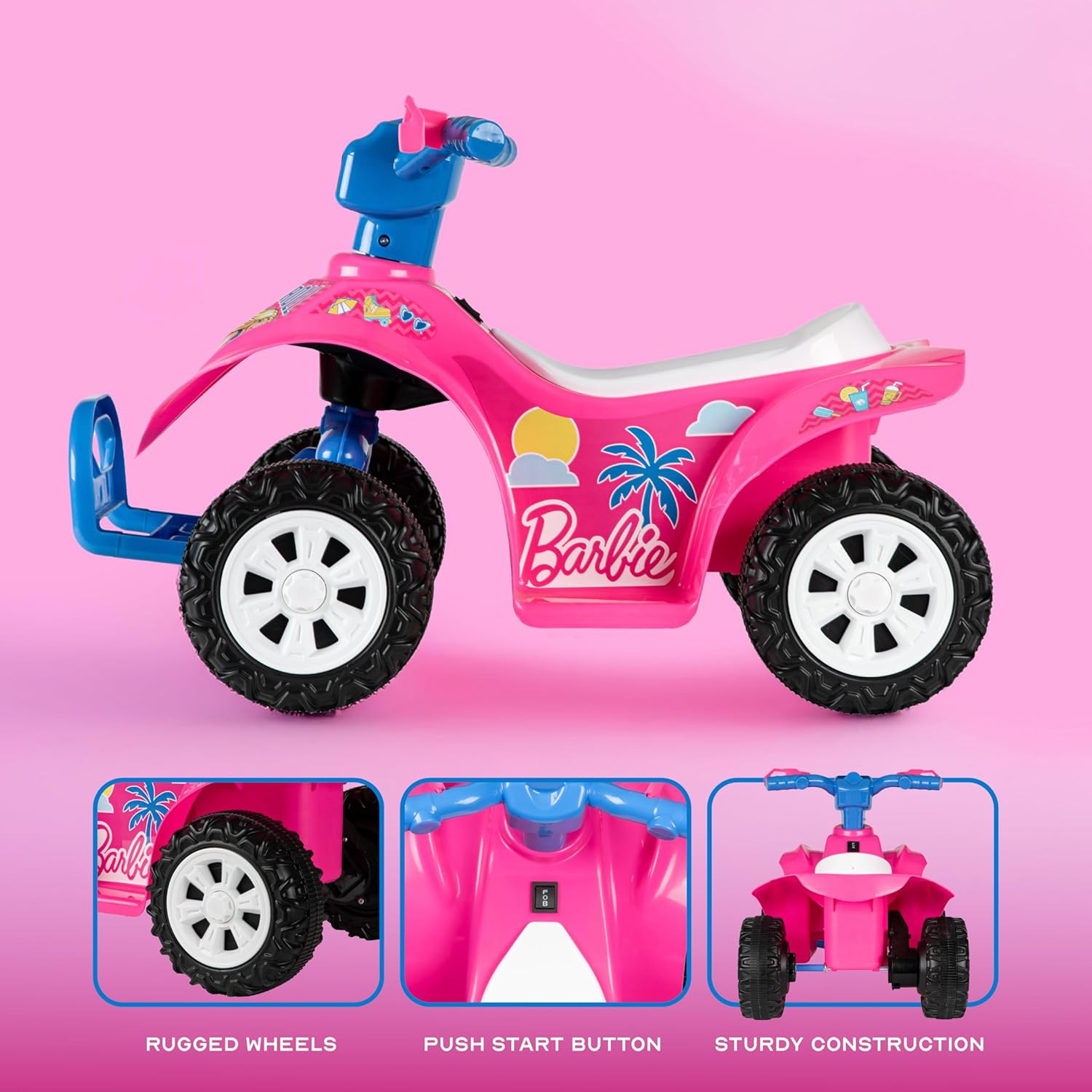 Barbie – 6V ATV Quad for Kids, Powerful and Safe Ride-On Toy with Rechargeable B